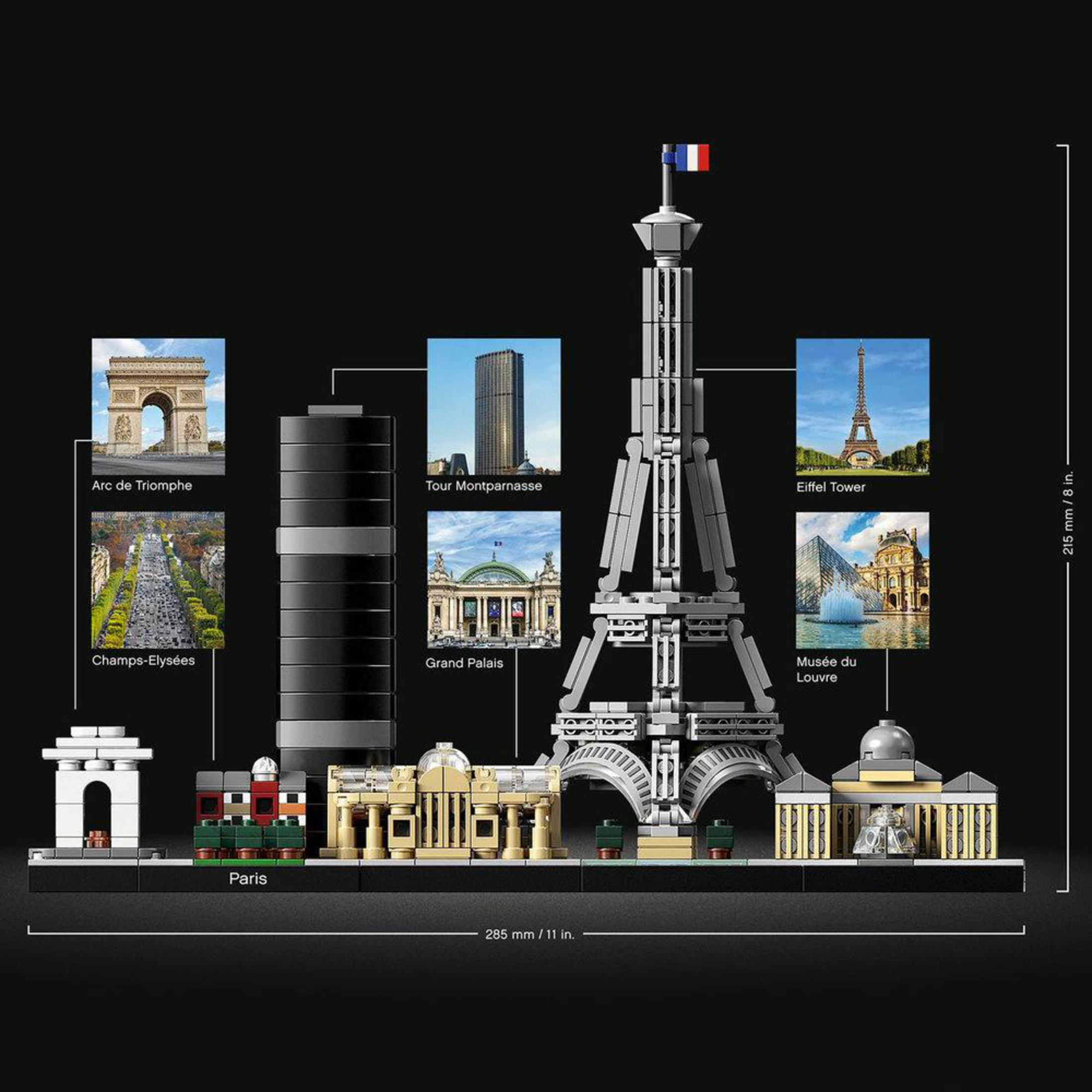 Ein Lego-Modell von Paris, einschließlich Arc de Triomphe, Eiffelturm und Louvre.
