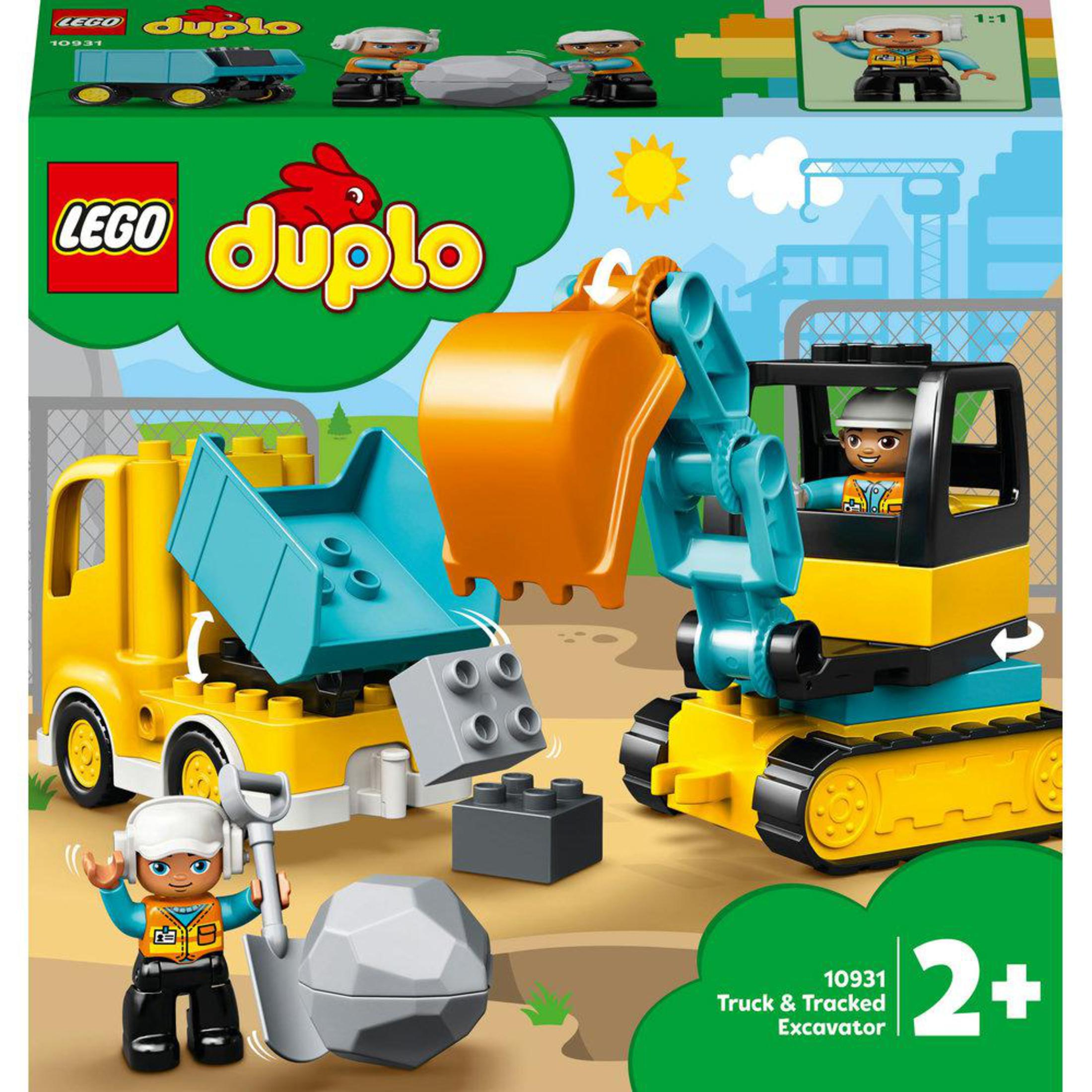 Lego Duplo set. Een gele vrachtwagen en rupsgraafmachine. Een Lego figuur is inbegrepen.