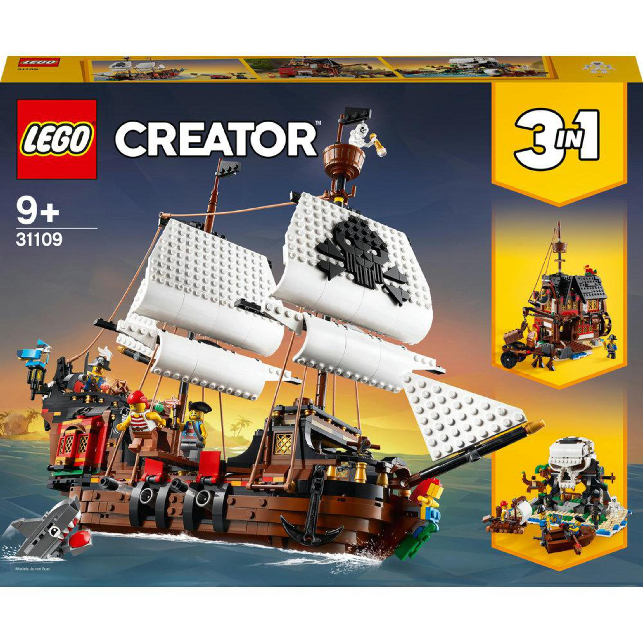 Statek piracki Lego z czaszką na żaglu. Zawiera mniejszy statek i wyspę skarbów.