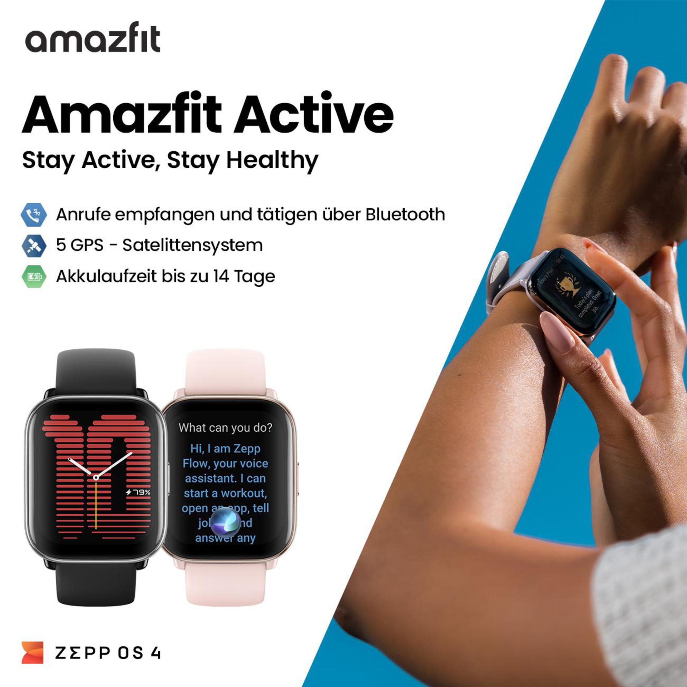 Obraz z dwoma smartwatchami i tekstem o Amazfit Active, z nadgarstkiem noszącym zegarek.