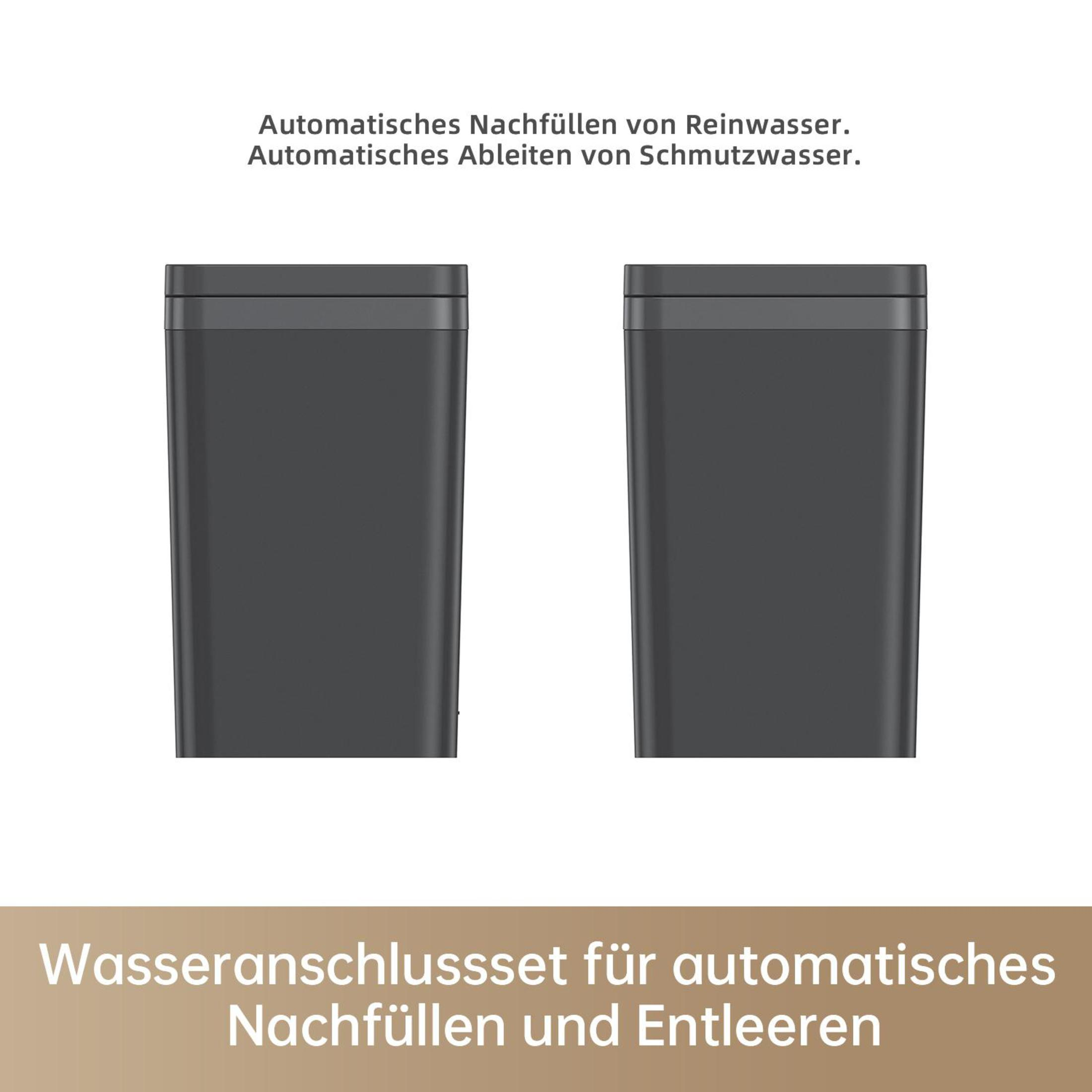 Zwei dunkelgraue, rechteckige Tanks. Text oben und unten auf Deutsch über das Wassersystem.
