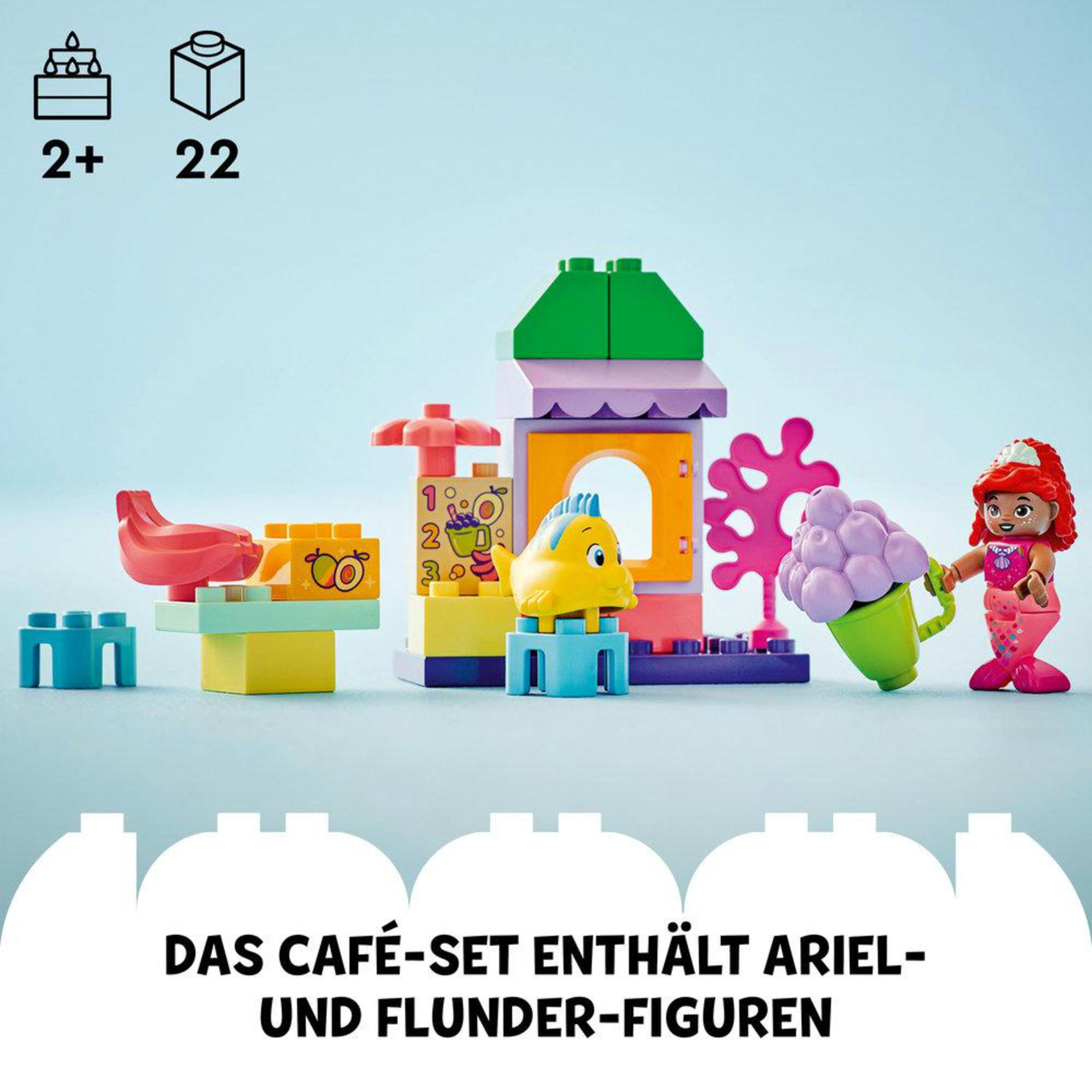 Zestaw Lego Duplo z figurkami Ariel i Floundera oraz innymi kolorowymi klockami.