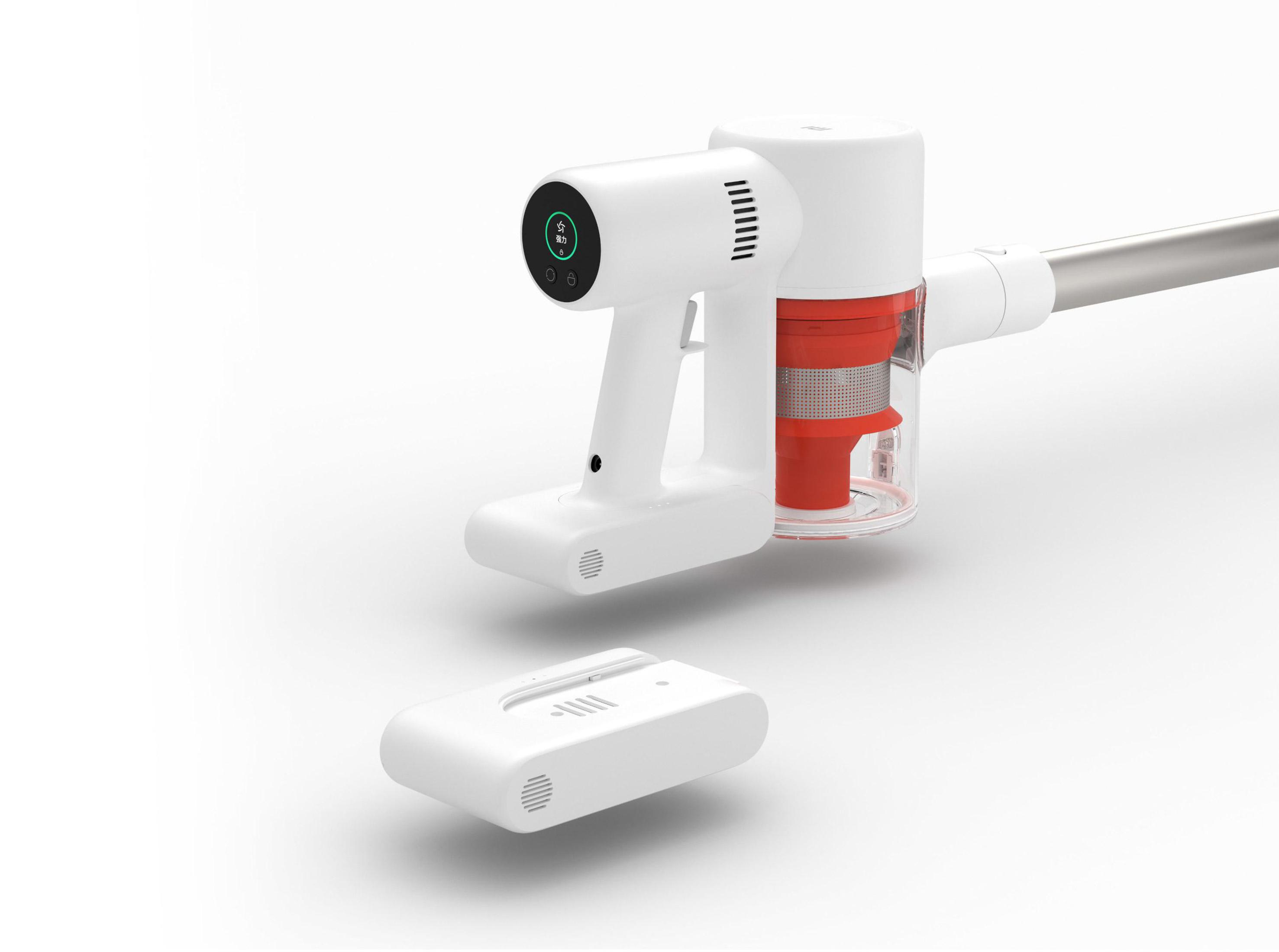 Biały odkurzacz bezprzewodowy z oddzielnym akumulatorem. Design jest nowoczesny.