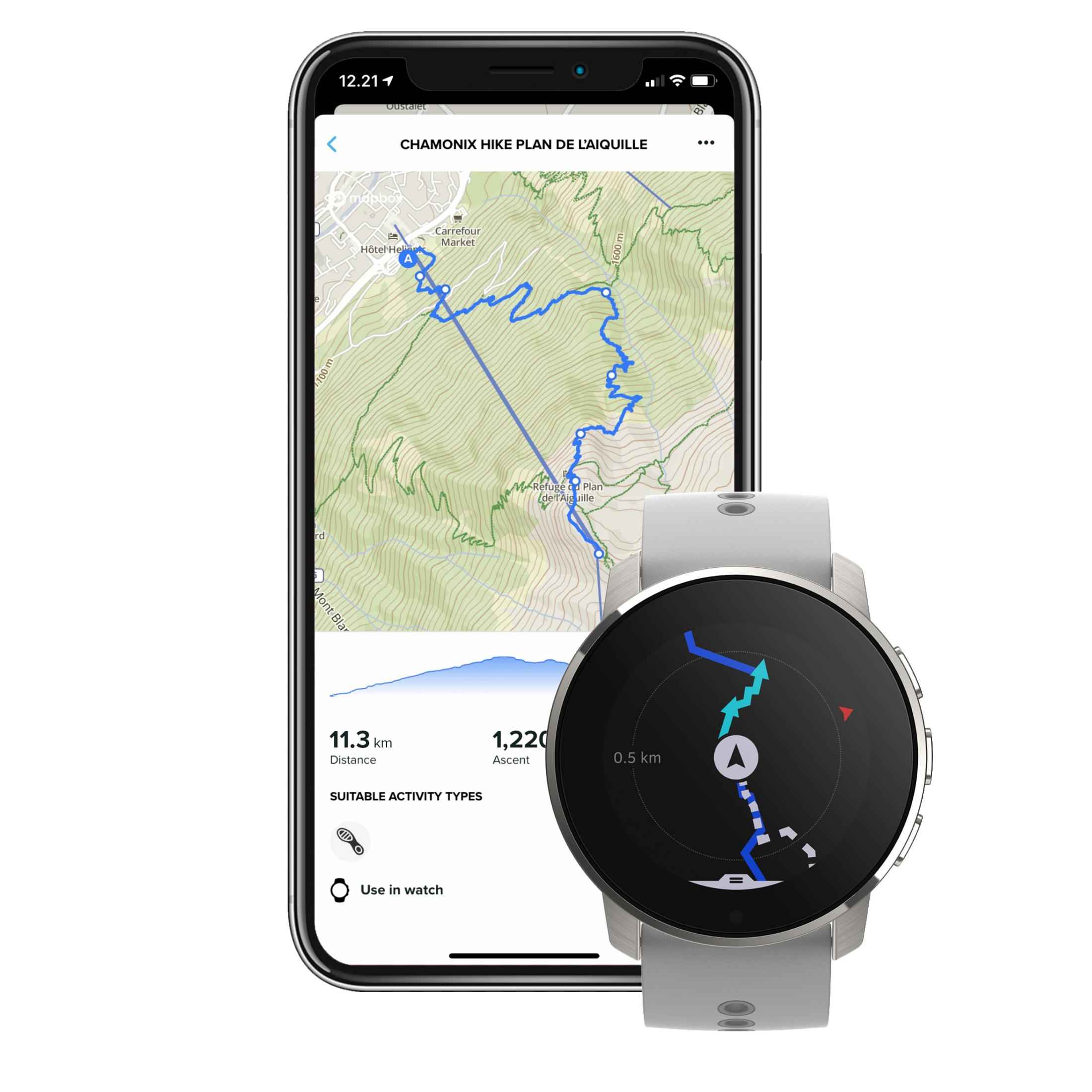 Smartwatch und Telefon, die eine Wanderkarte zeigen. Weißer Hintergrund.