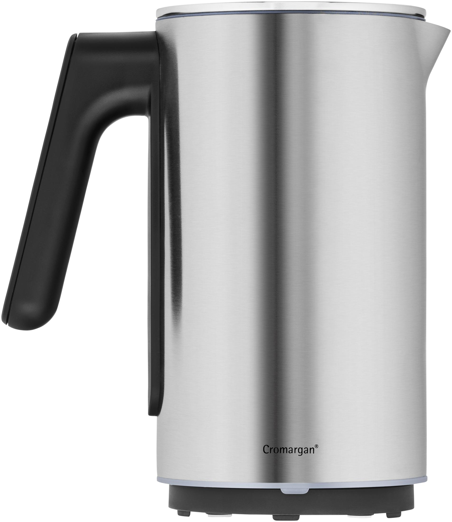 Czajnik Cromargan ze stali nierdzewnej z czarnym uchwytem na białym tle.