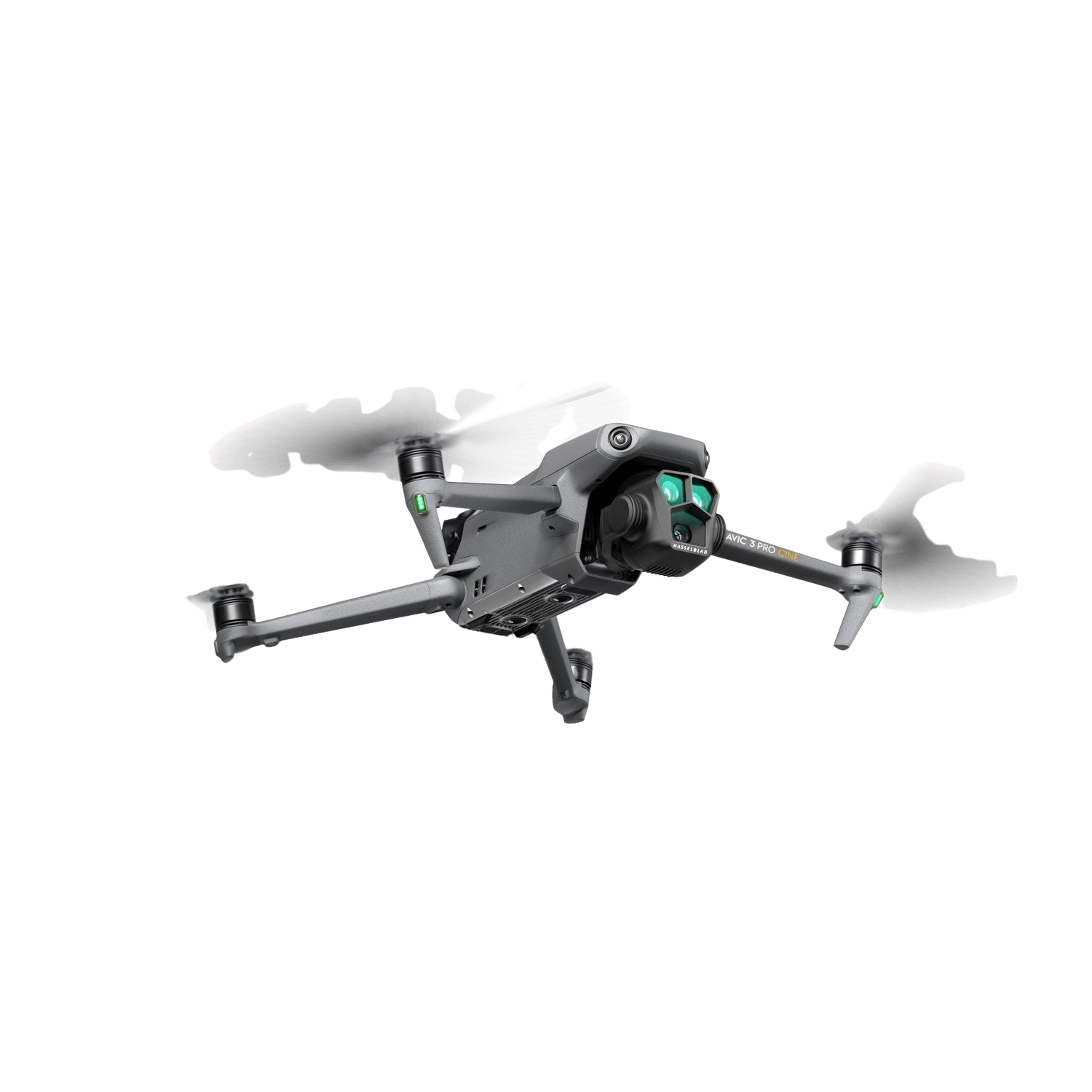 Un drone grigio dall'alto, che mostra le eliche e un sistema di telecamere.