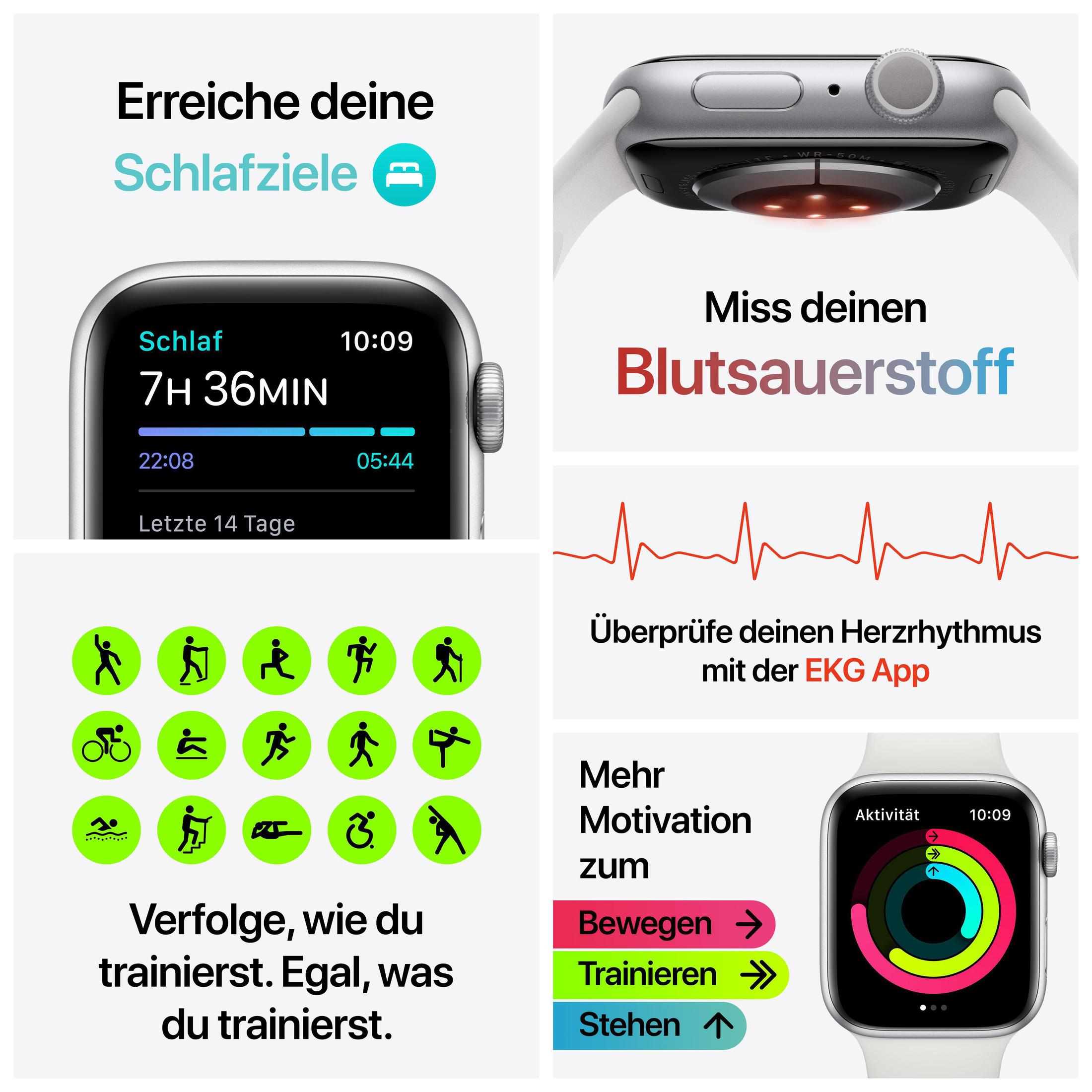 Apple Watch Oberfläche. Zeigt Schlafdaten, Blutsauerstoff und Herzrhythmus. Symbole für Workouts und Aktivitätsringe.