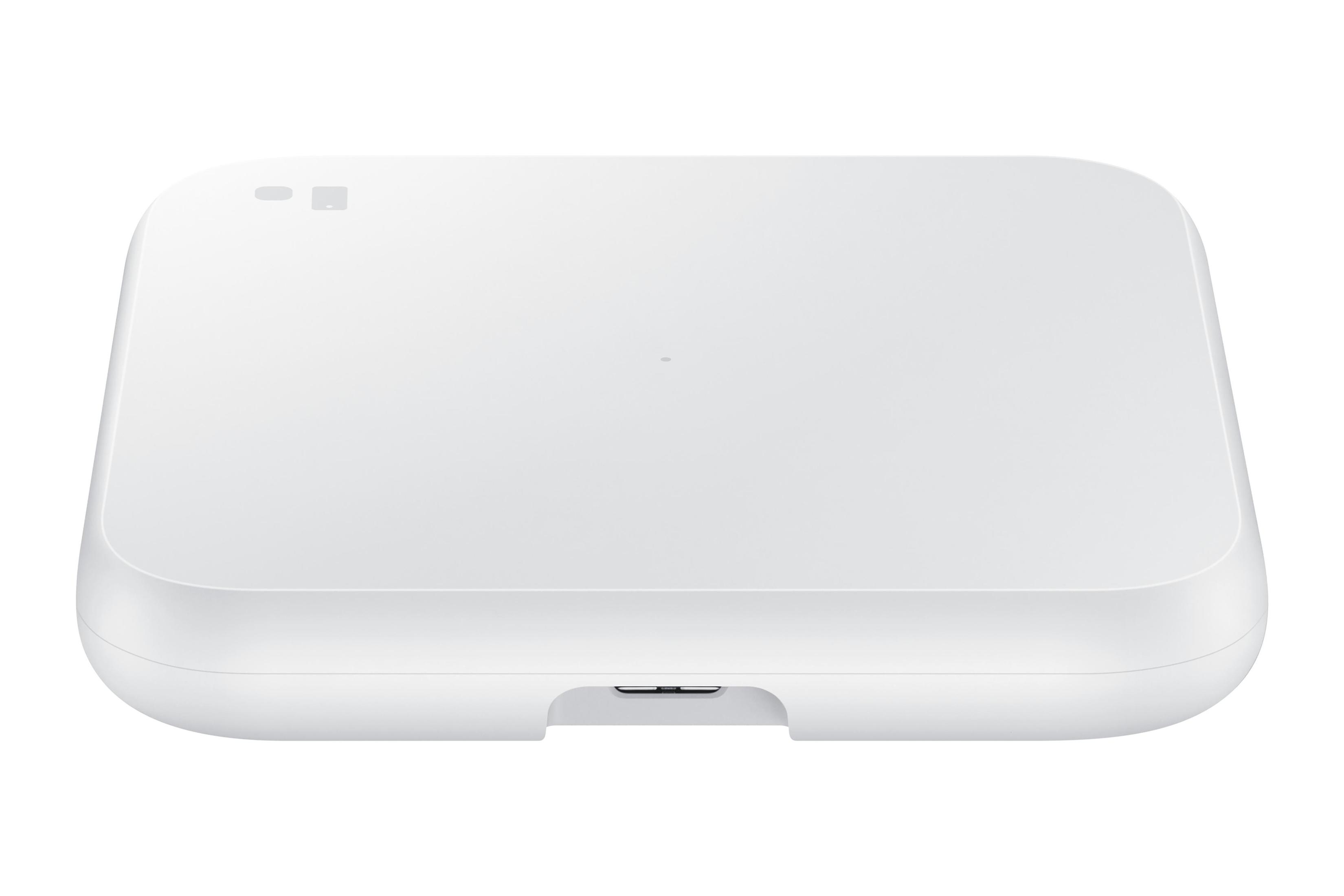 Biała, prostokątna, bezprzewodowa ładowarka z zaokrąglonymi rogami i portem USB-C, białe tło.
