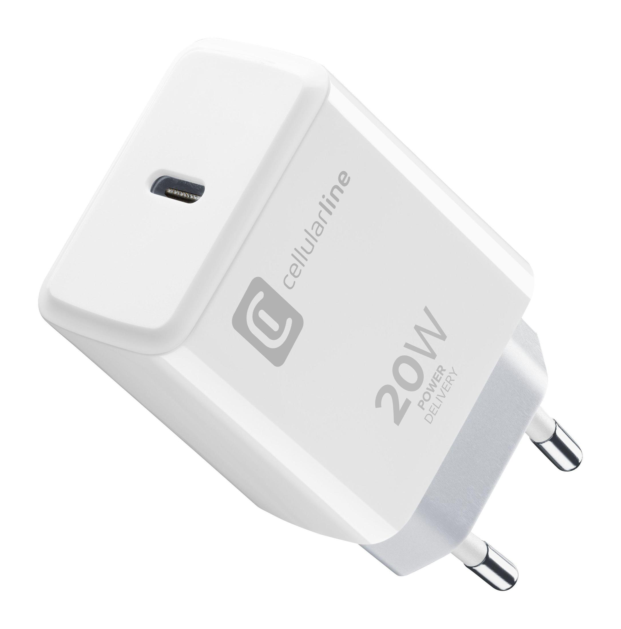 Chargeur blanc 20W Power Delivery avec port USB-C et deux broches.