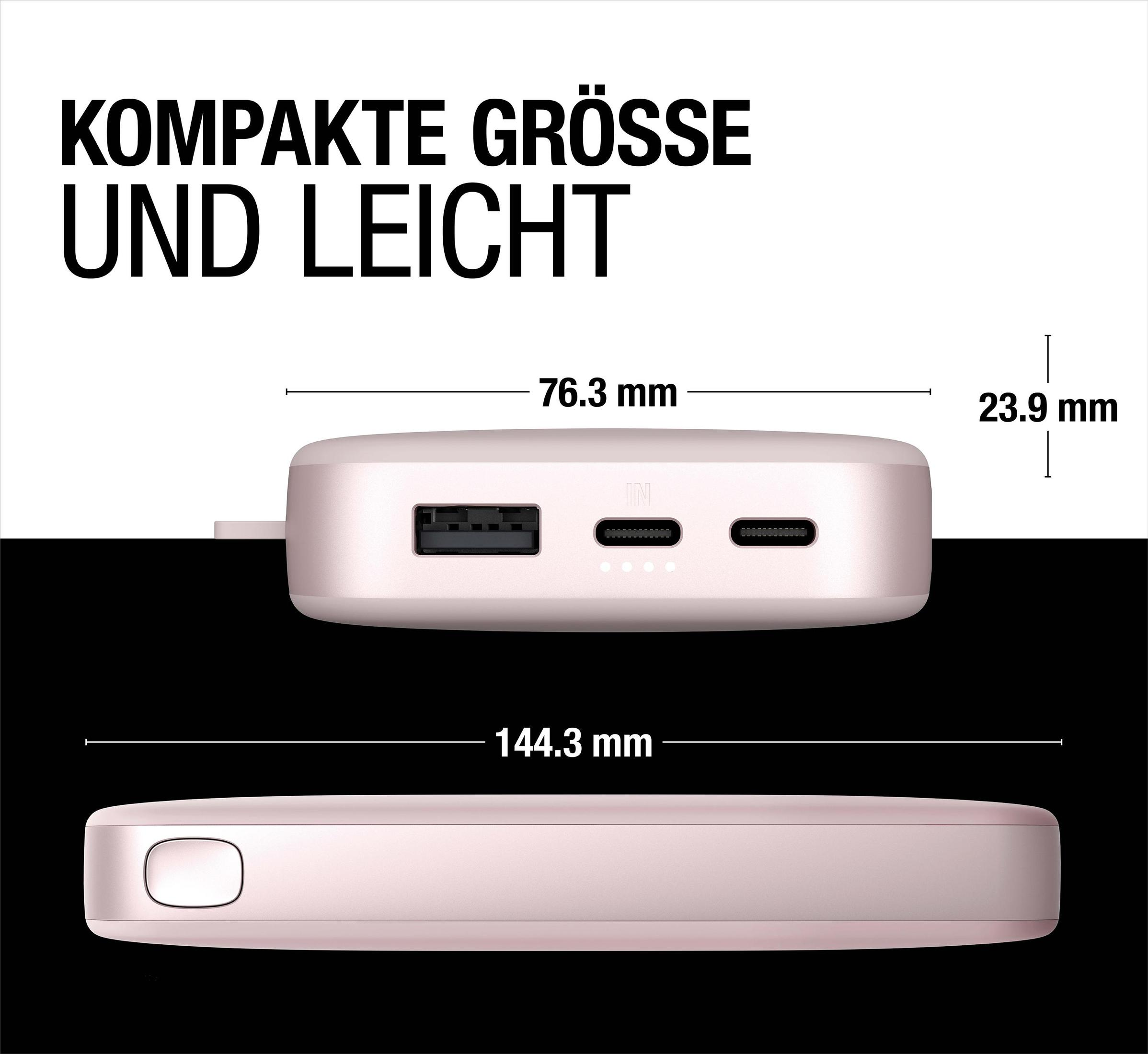 Dwa widoki różowego power banku. Wymiary podano w mm. Czarne tło.