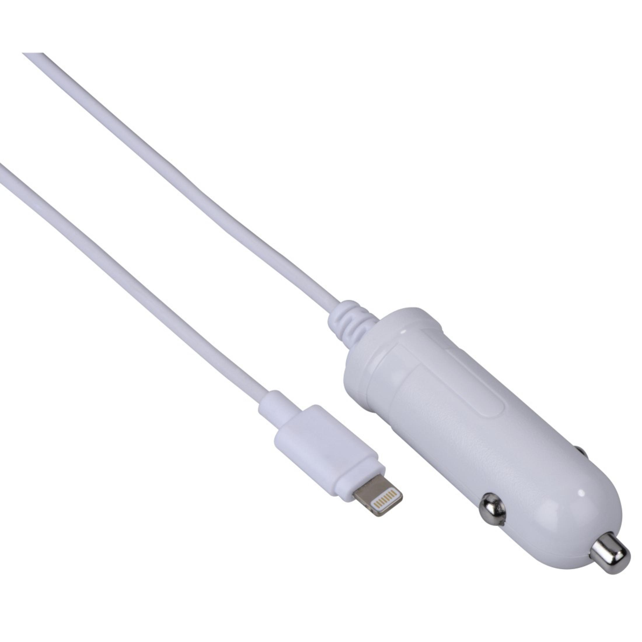 Weißes Autoladegerät mit Kabel und Lightning-Anschluss.