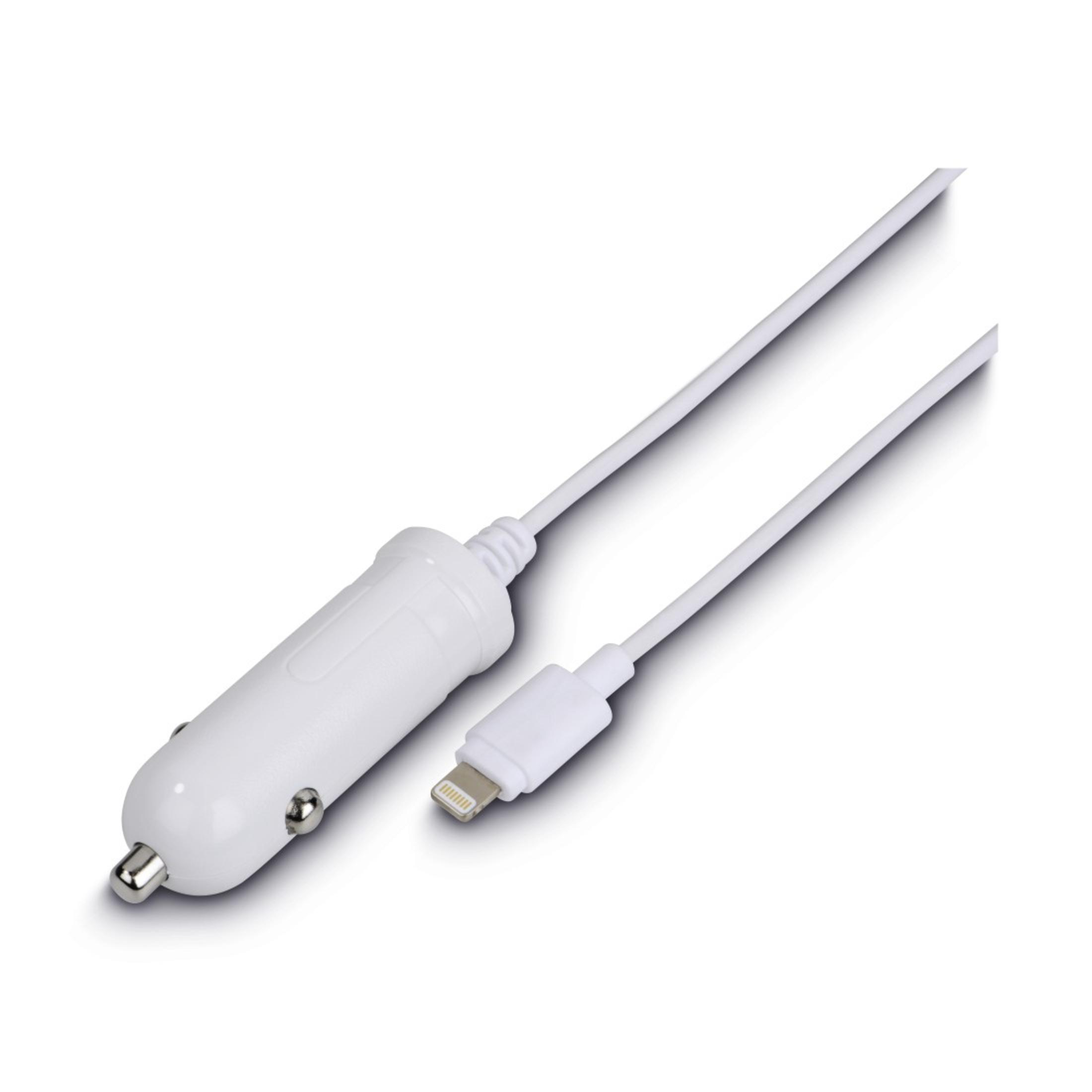 Ein weißes Autoladekabel mit Lightning-Anschluss. Das Kabel befindet sich auf weißem Hintergrund.