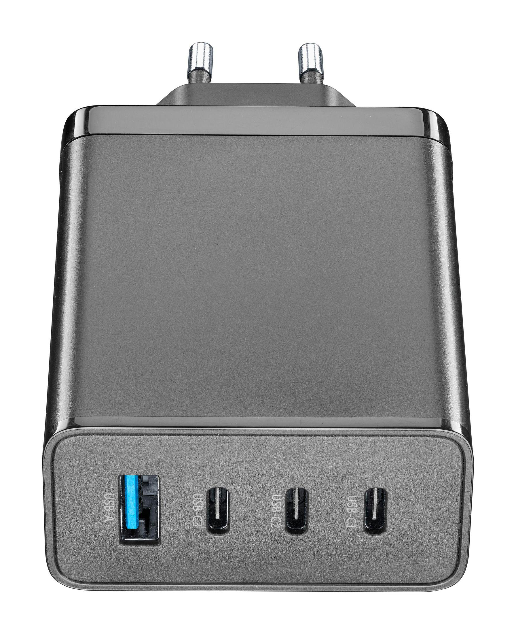 Dunkelgraues Ladegerät mit USB-A- und USB-C-Anschlüssen und einem zweipoligen Stecker.