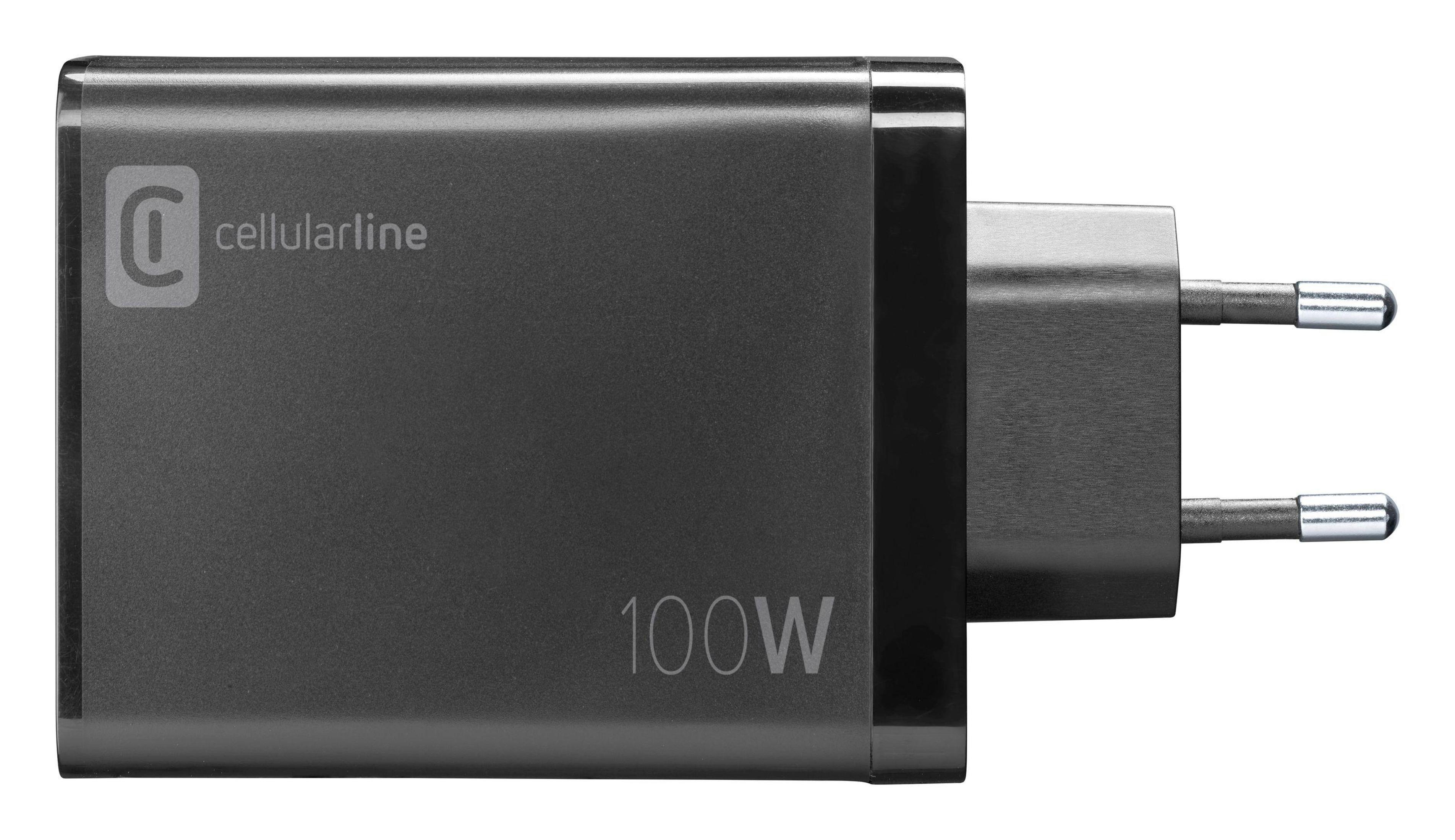 Dunkelgraues Telefonladegerät. 100W steht auf der Seite. Cellularline-Logo.