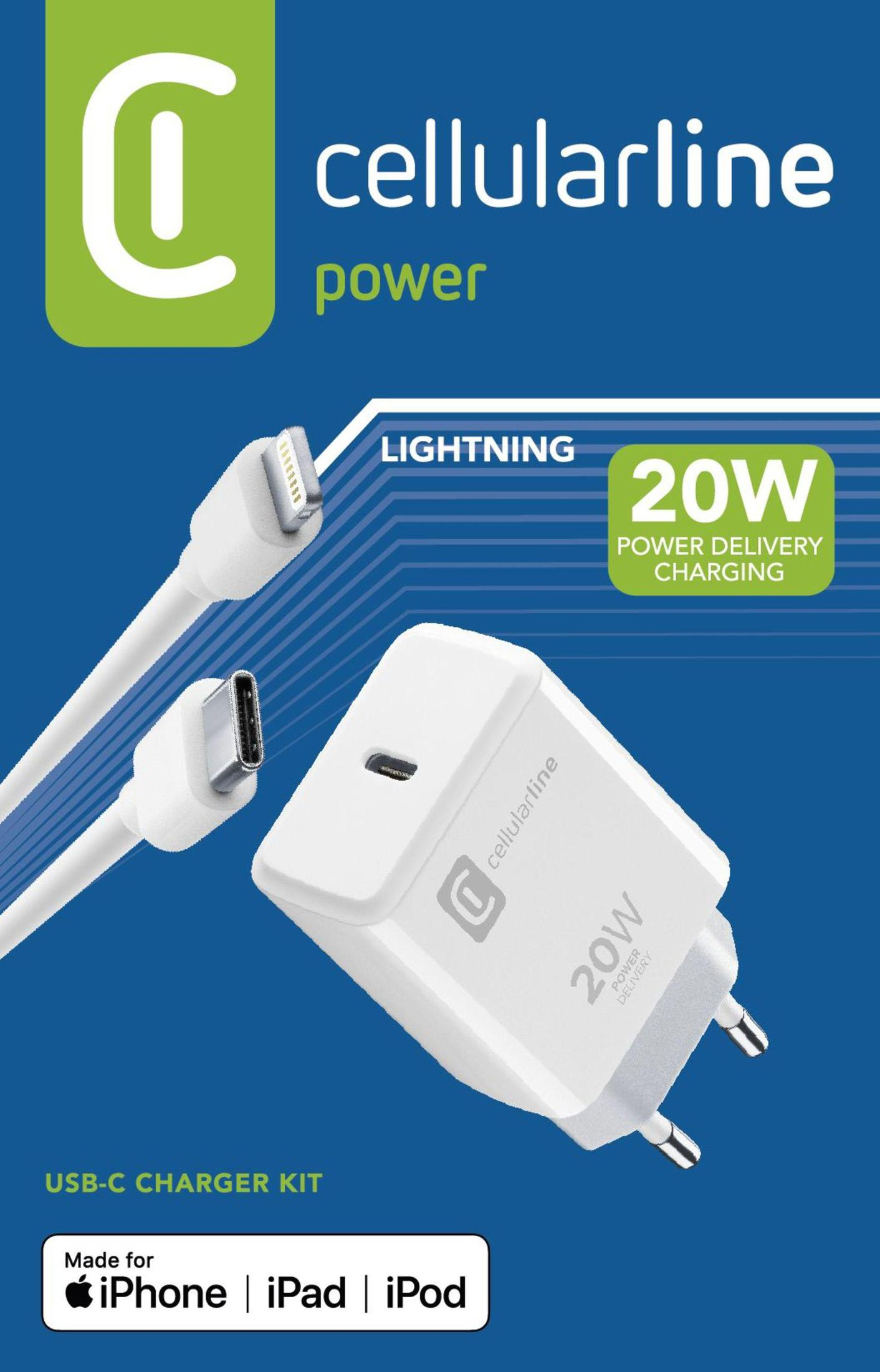 Weißes Cellularline Ladegerät-Kit mit USB-C-Kabel und Ladegerät. Text: 20W Stromversorgung.