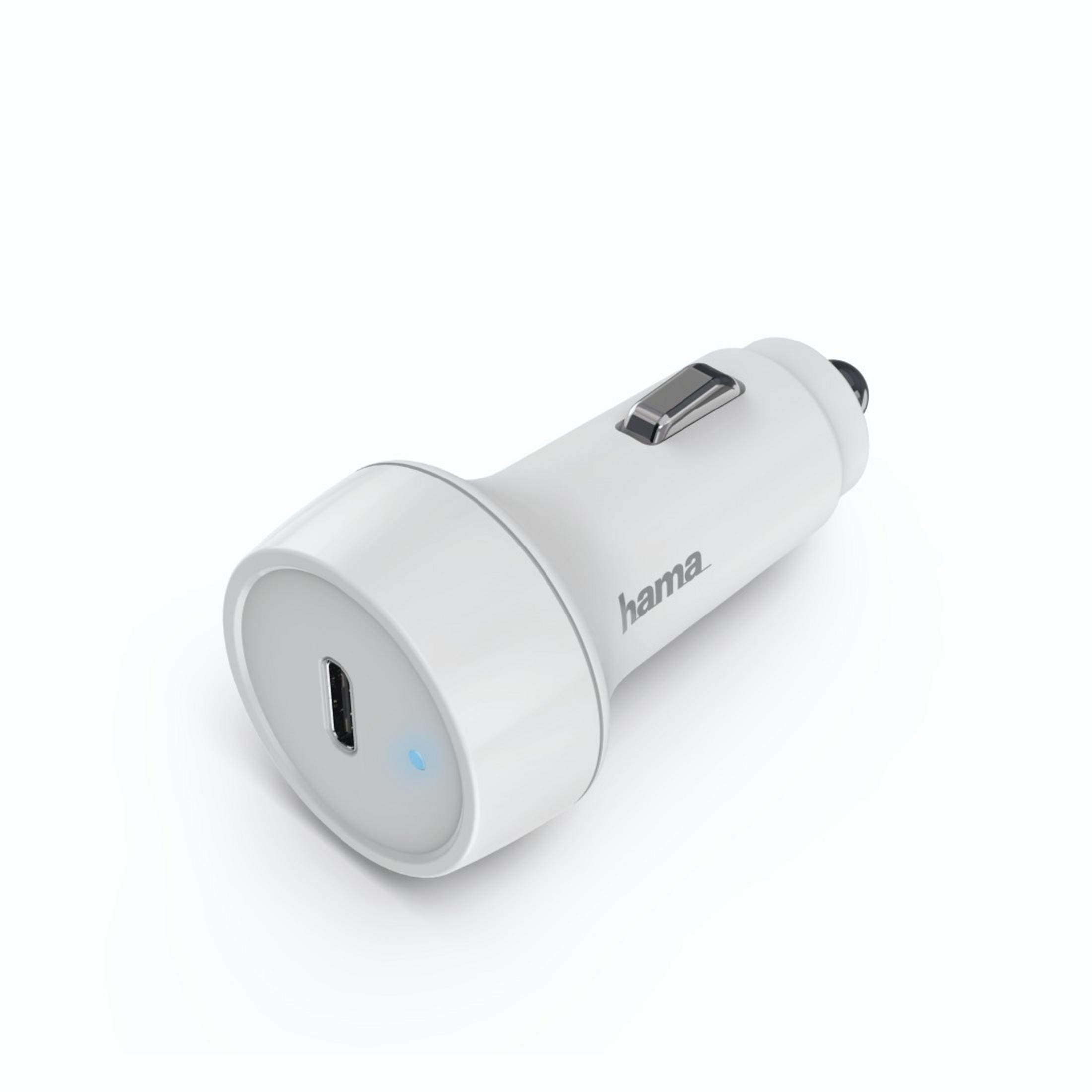 Weißes Hama Autoladegerät. USB-Anschluss sichtbar, blaues Licht an.