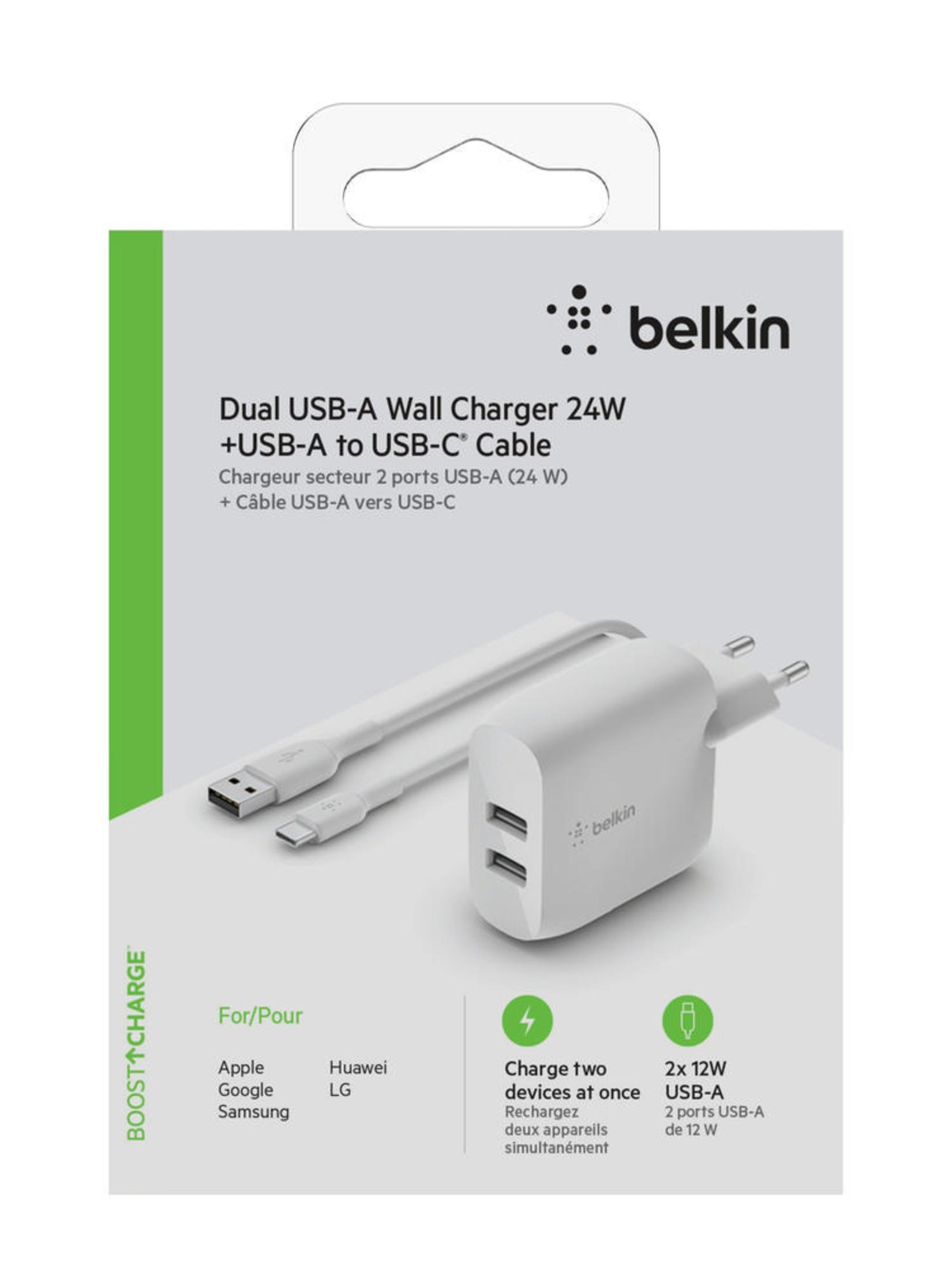 Caricatore USB dual Belkin con cavo USB-A a USB-C, confezionato con marchio e caratteristiche.