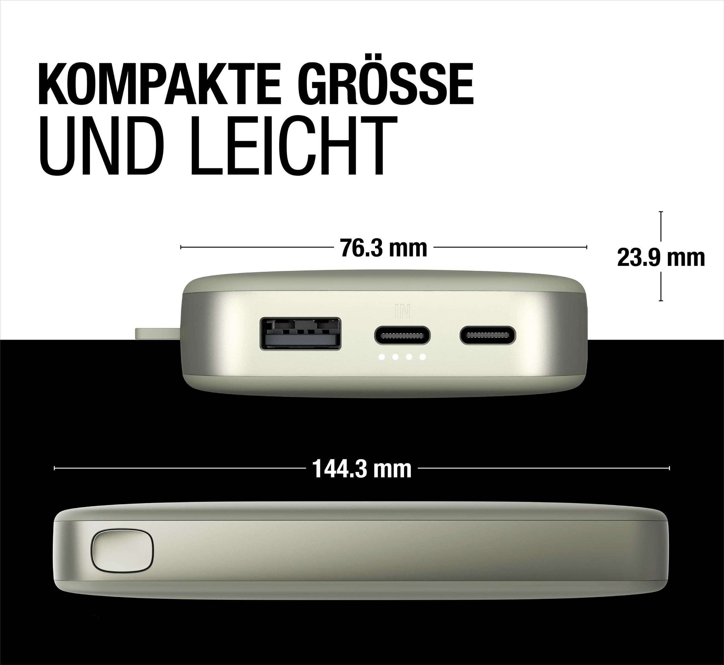 Power bank argentato. Vista dall'alto mostra porte USB e dettagli dimensioni. Sfondo nero.