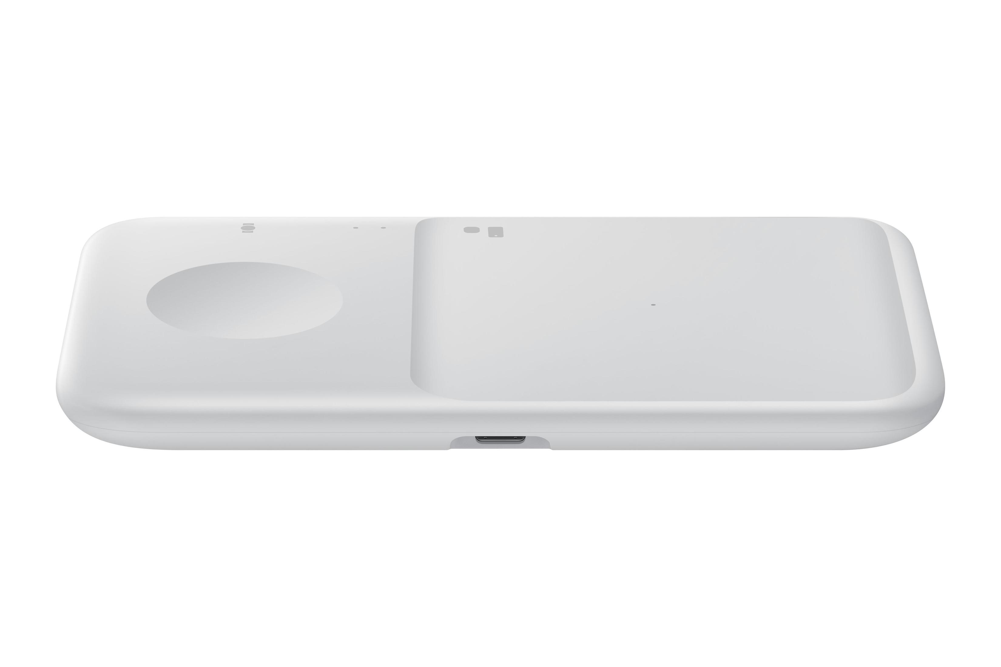 Socle de charge blanc. Forme rectangulaire. Le fond est blanc.