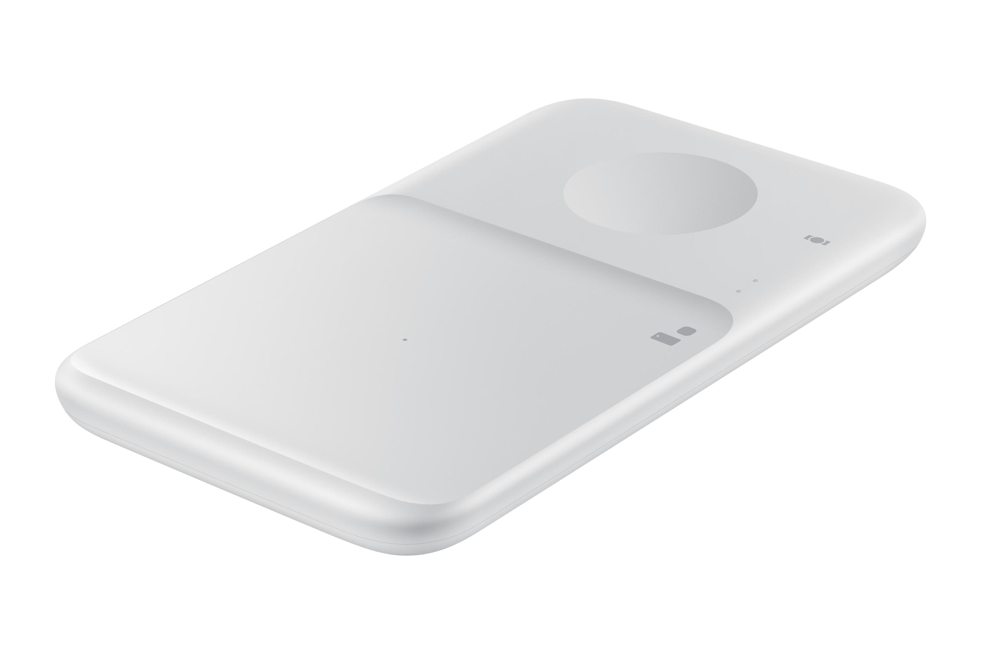 Un socle de chargement sans fil blanc. Il dispose d'une zone de chargement pour un téléphone et une smartwatch.