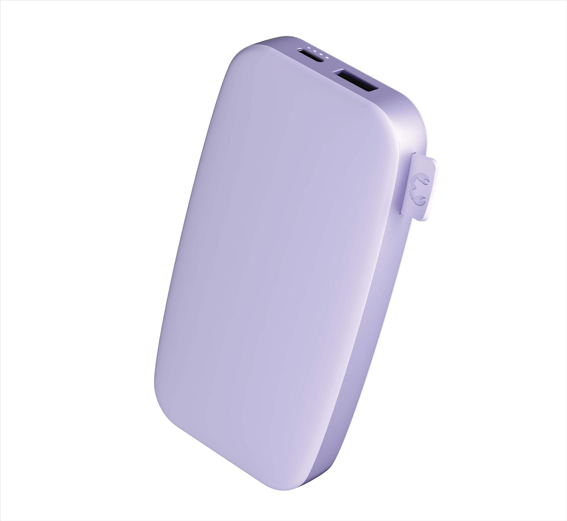 Hellviolette Powerbank, weißer Hintergrund.