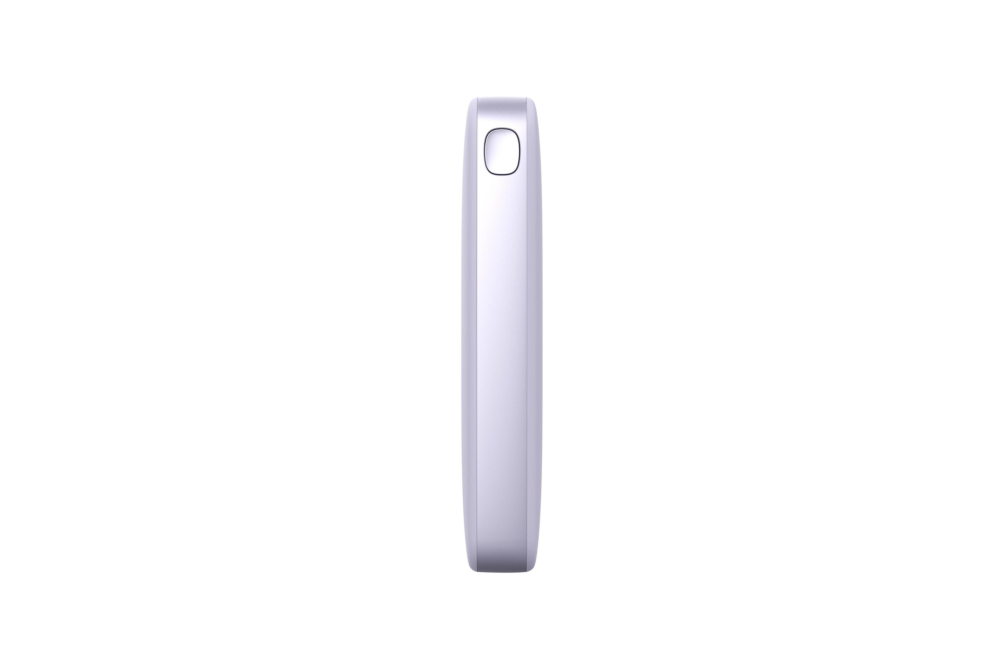Seitenansicht eines hellvioletten Telefons. Nur die Seite mit der Power-Taste ist sichtbar. Einfacher weißer Hintergrund.