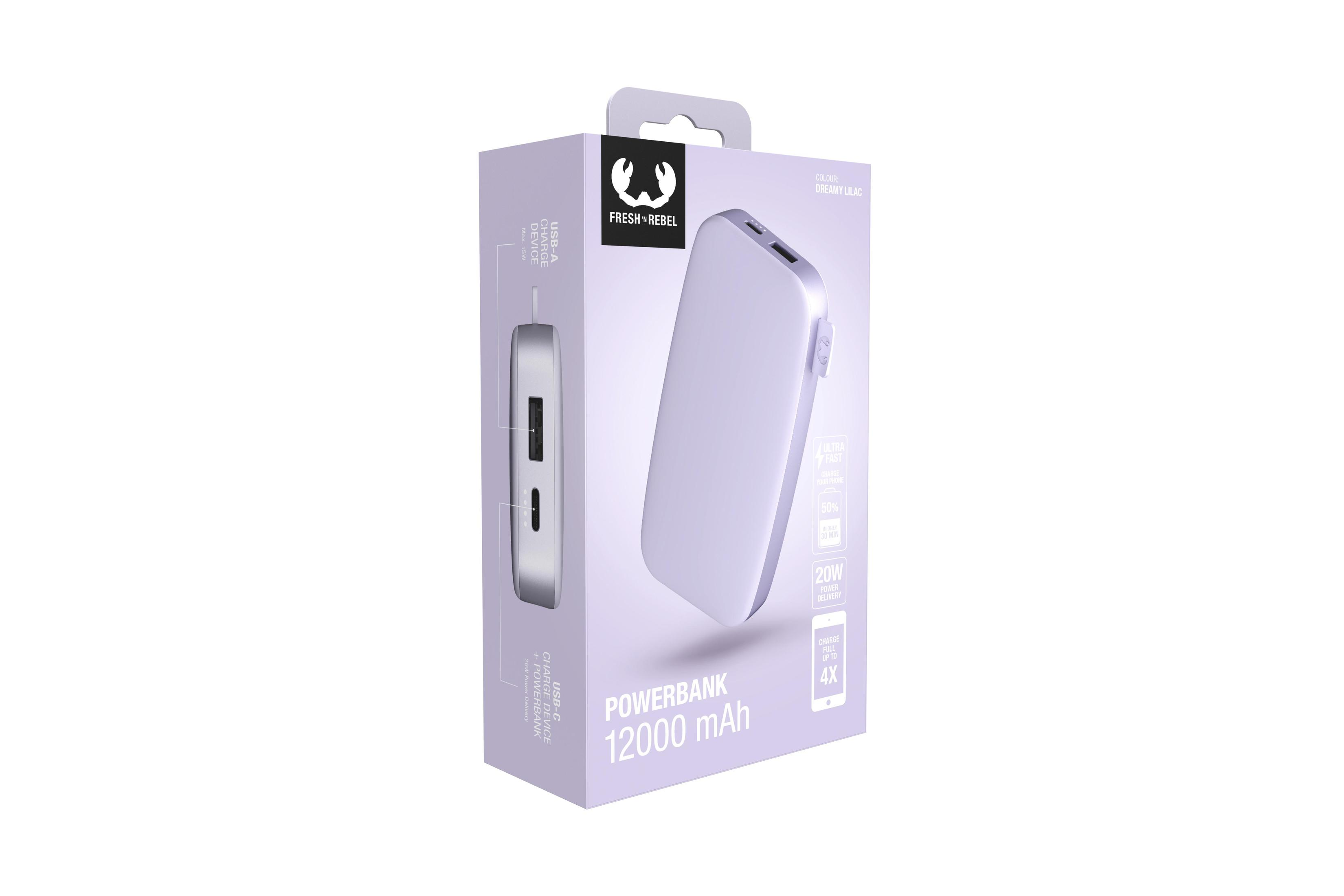 Eine weiße und lila Powerbank in ihrer Box. Text auf der Box lautet "Powerbank 12000 mAh".