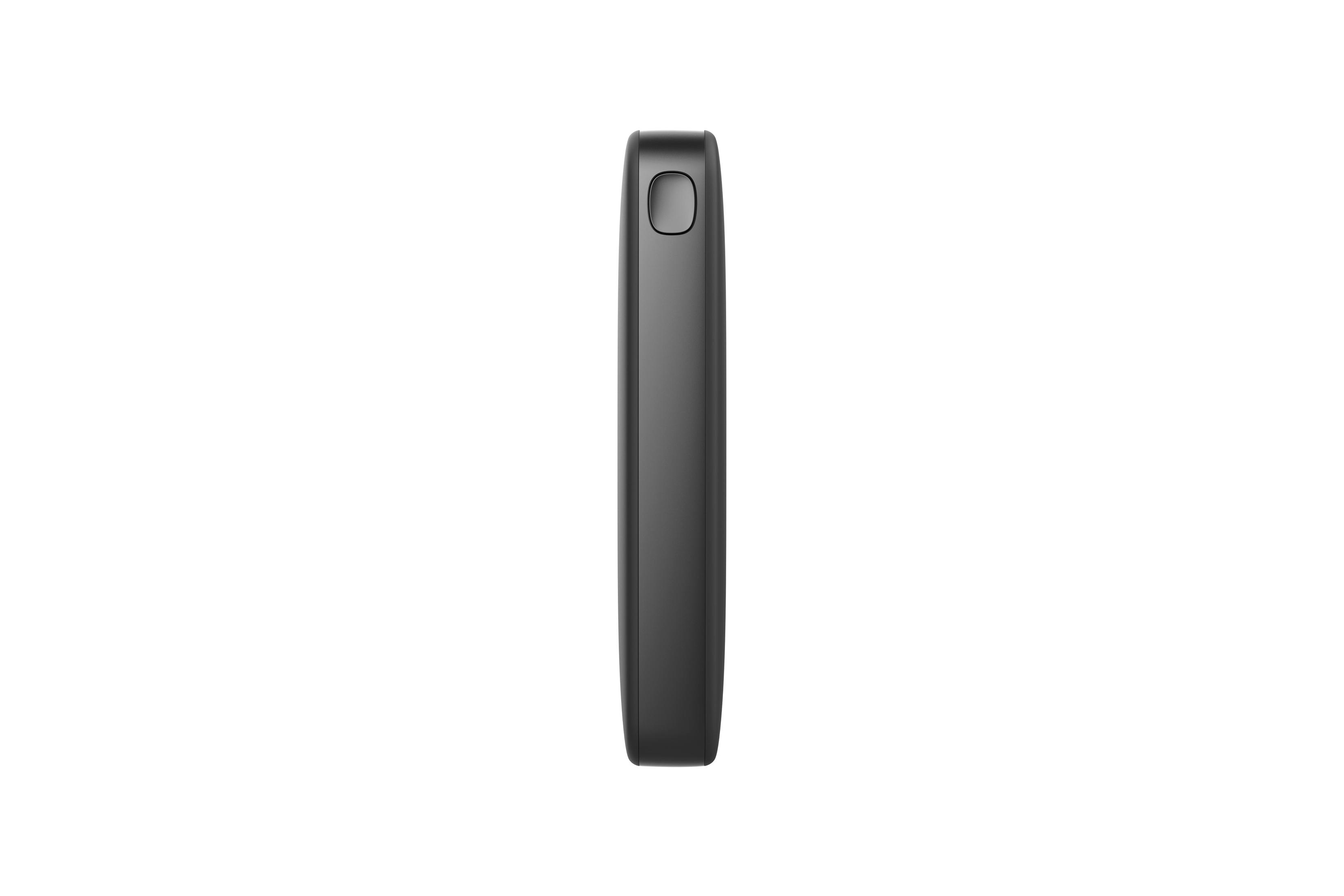 Un cargador portátil rectangular negro.