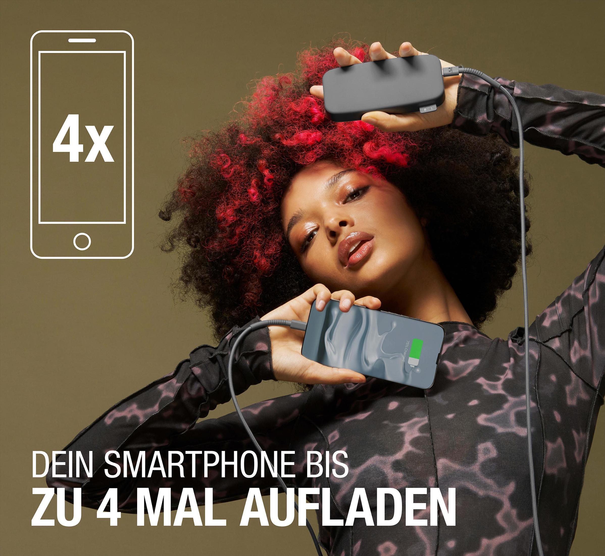 Mujer sosteniendo un teléfono y un banco de energía. El teléfono muestra un indicador de carga. Texto 'carga 4x'.