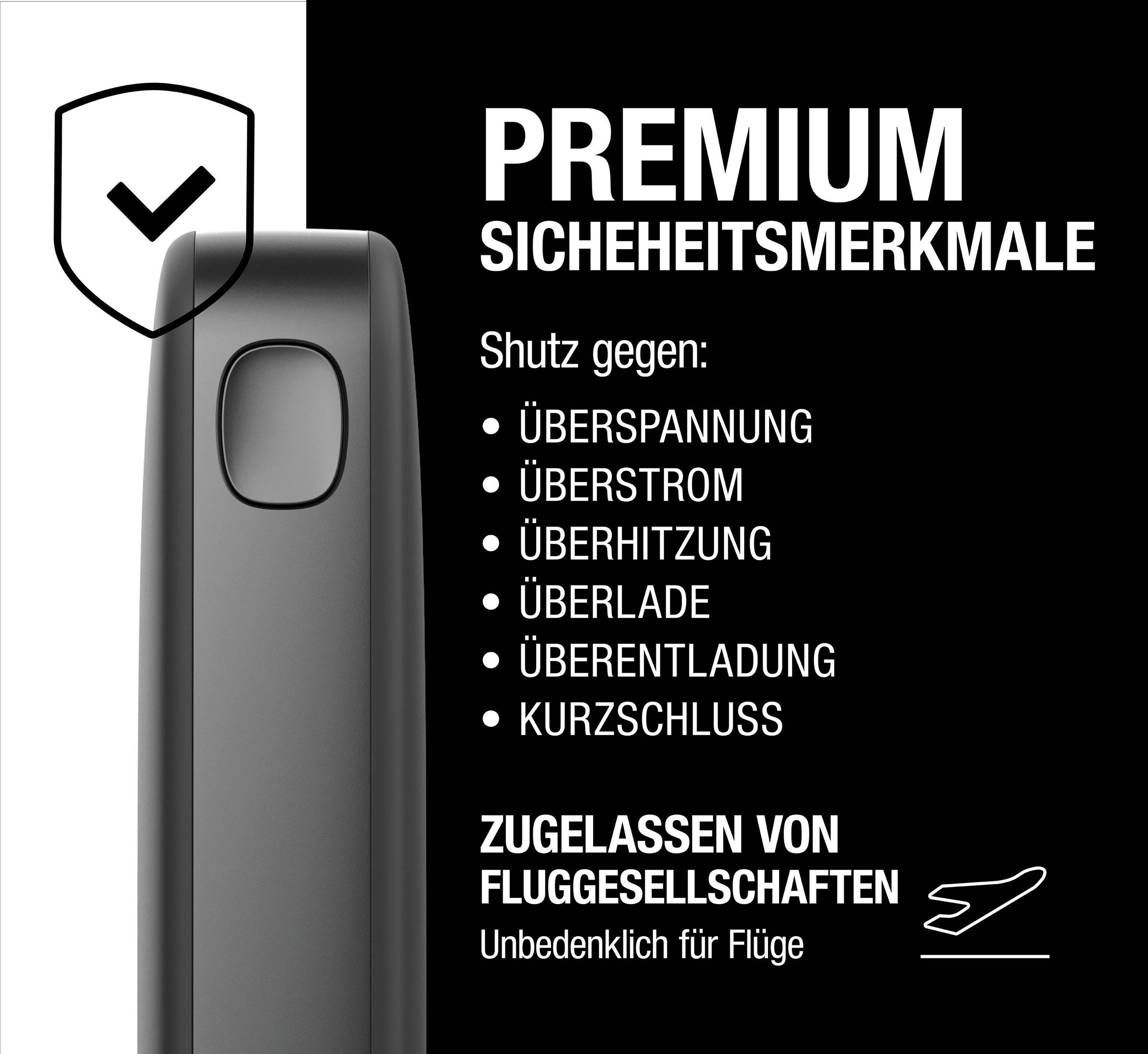 Producto negro con texto sobre funciones de seguridad premium. Escudo blanco con marca de verificación.