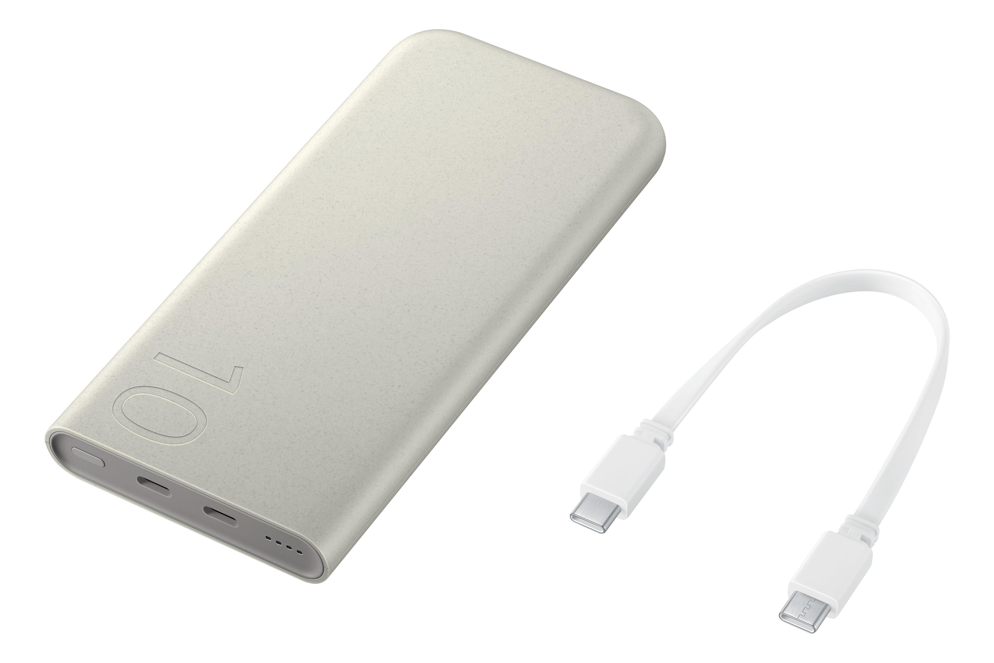 Beżowy power bank z białym kablem do ładowania.