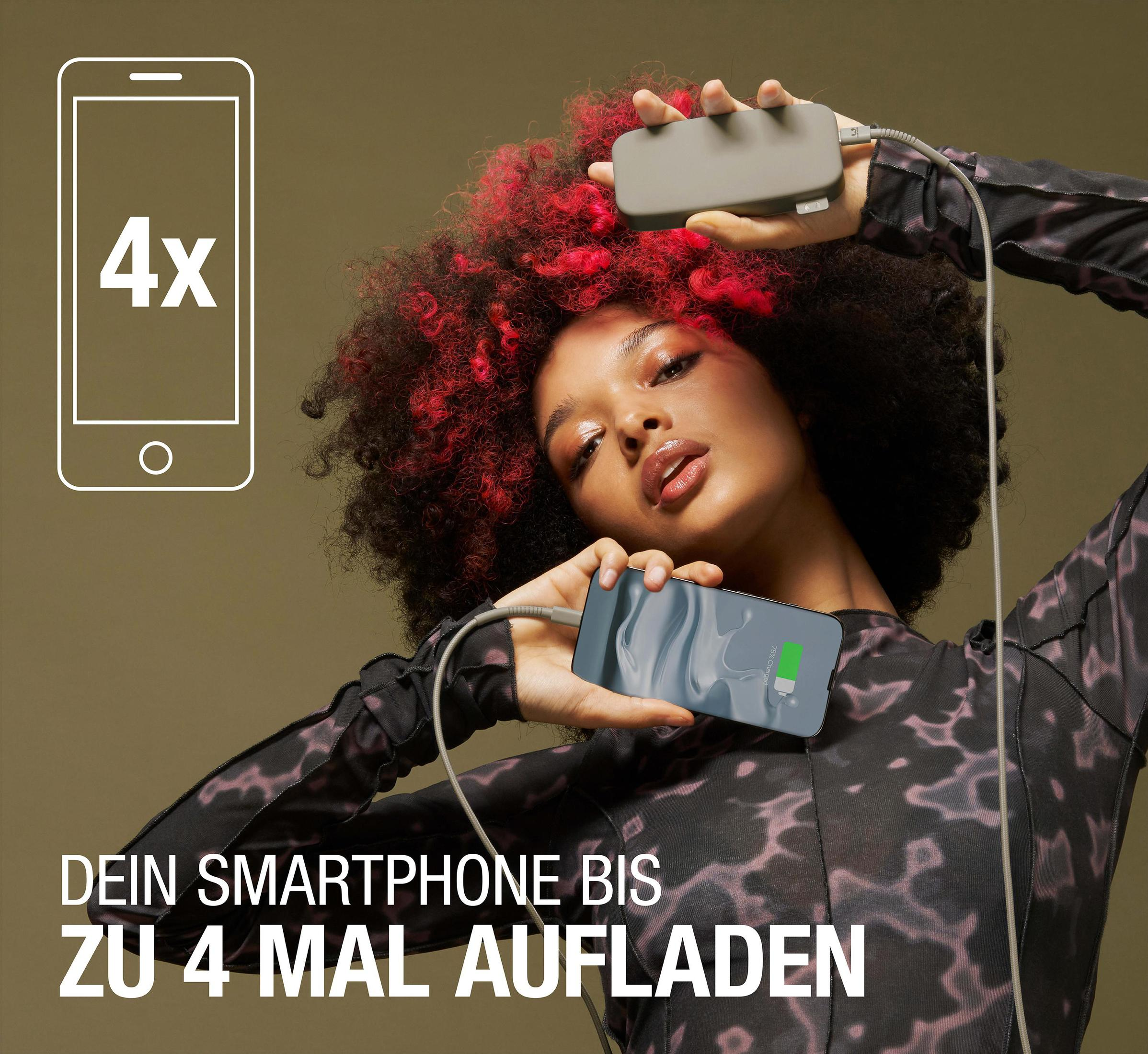 Una donna tiene in mano un telefono, caricandolo con un power bank. Il testo dice: 'Ricarica il tuo smartphone fino a 4x'.