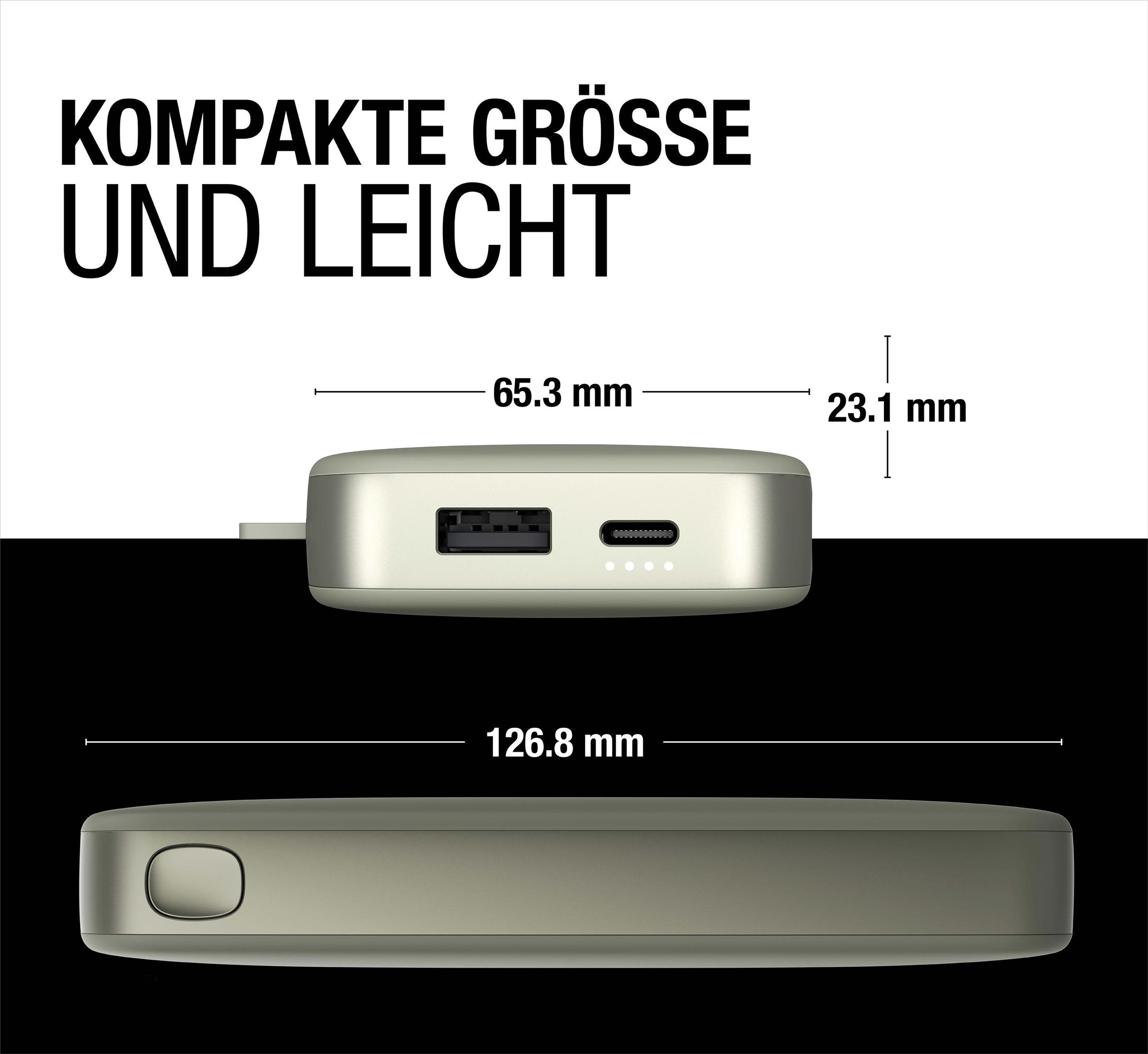 Due viste di un caricabatterie portatile rettangolare color argento. Le dimensioni sono visualizzate. Porte USB e USB-C visibili.