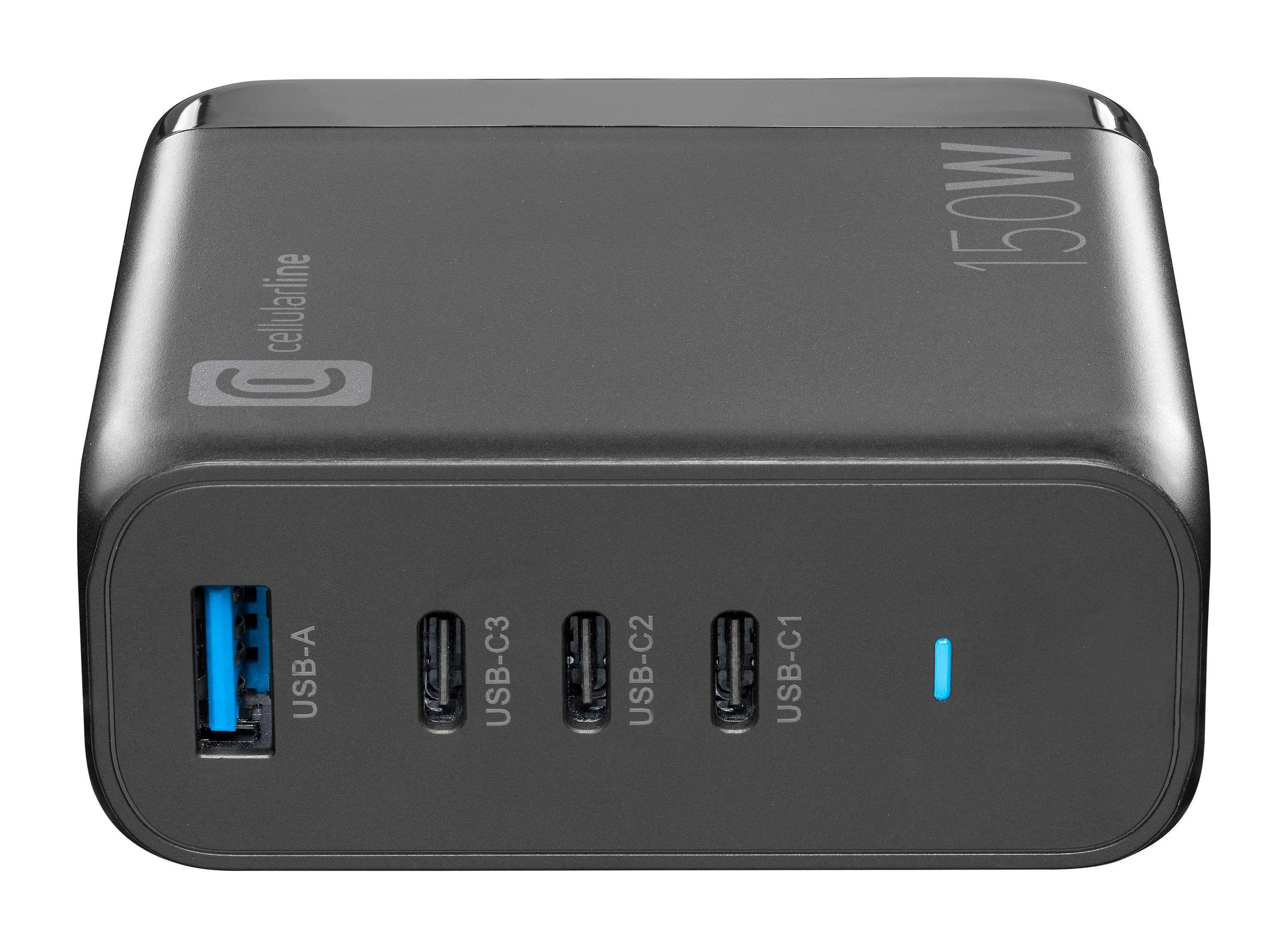 Schwarzes 150W USB-Ladegerät mit USB-A-, USB-C-Anschlüssen. Blaues Licht an. Cellularline-Logo.