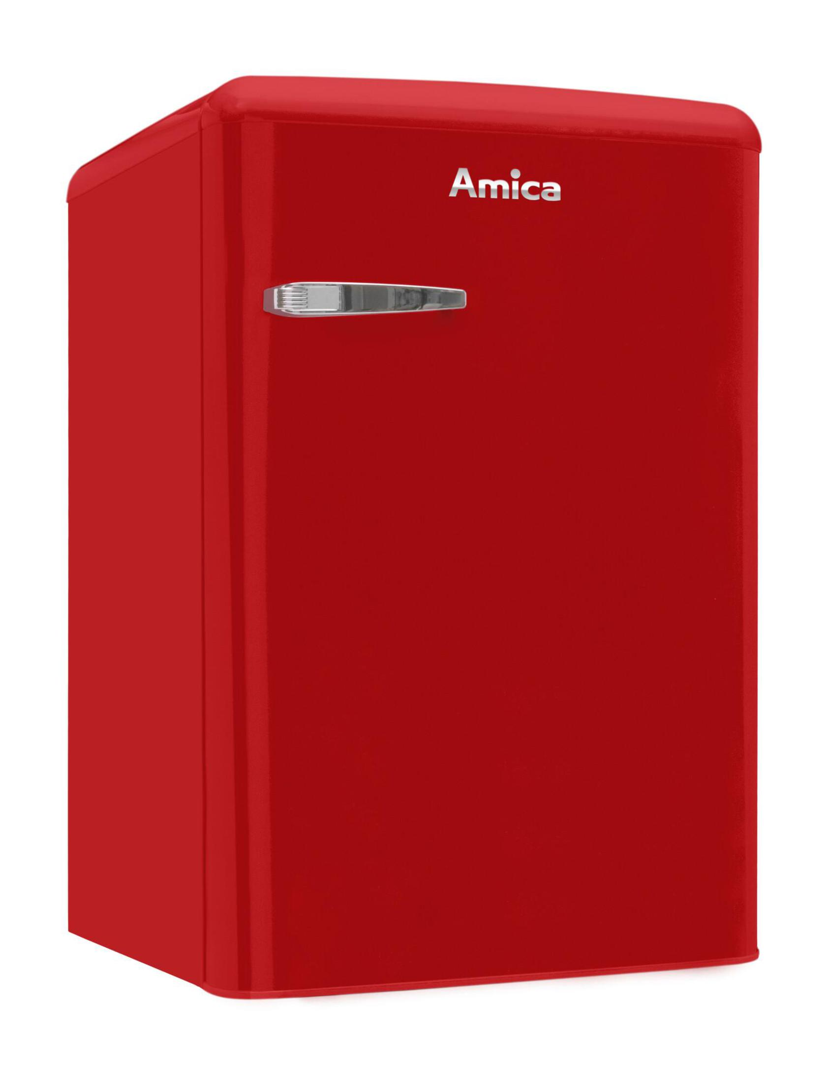 Ein roter Kühlschrank im Retro-Stil mit dem Amica-Logo und einem Chromgriff auf weißem Hintergrund.