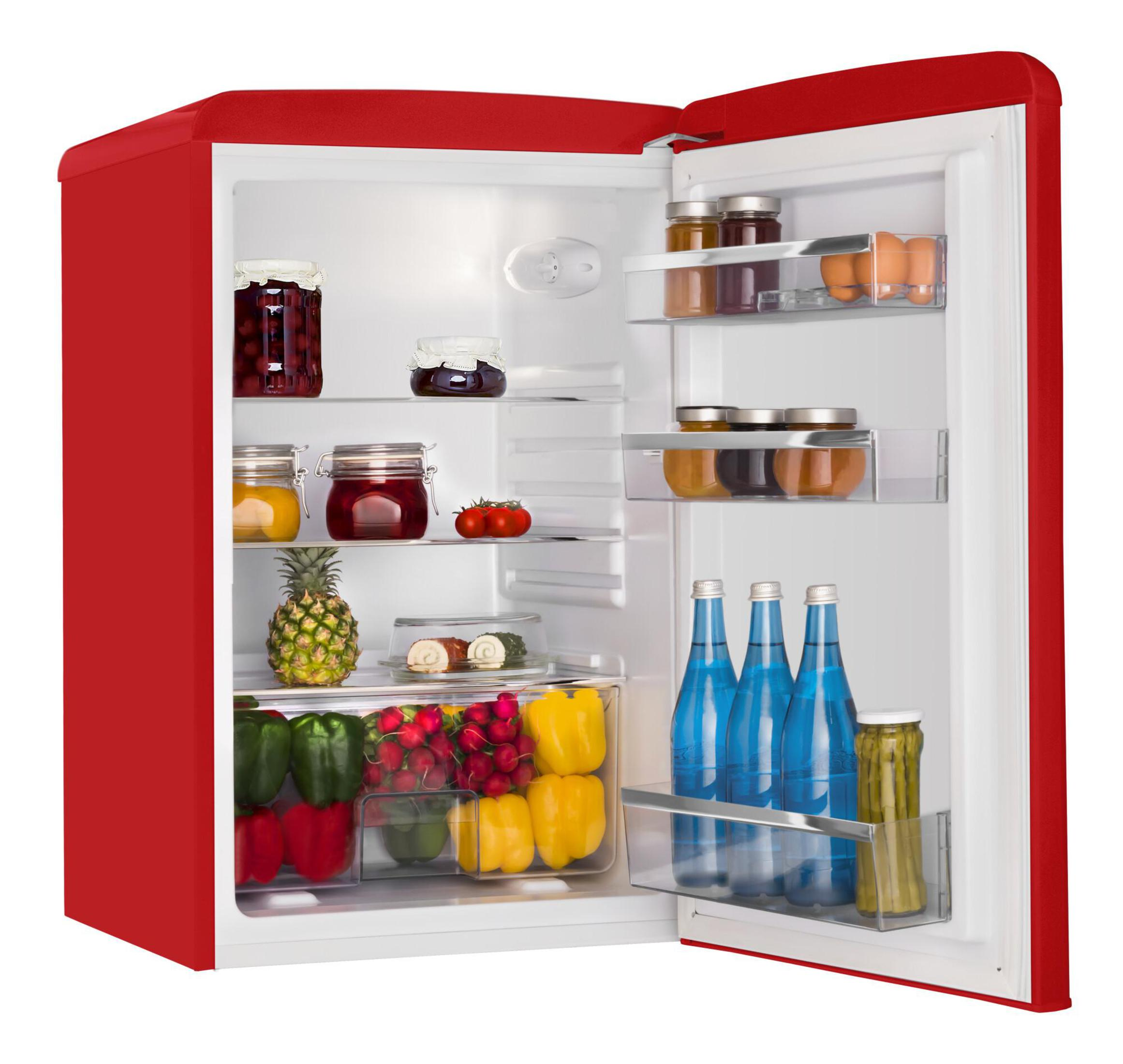 Roter Kühlschrank im Retro-Stil mit offener Tür, zeigt Lebensmittel im Inneren.
