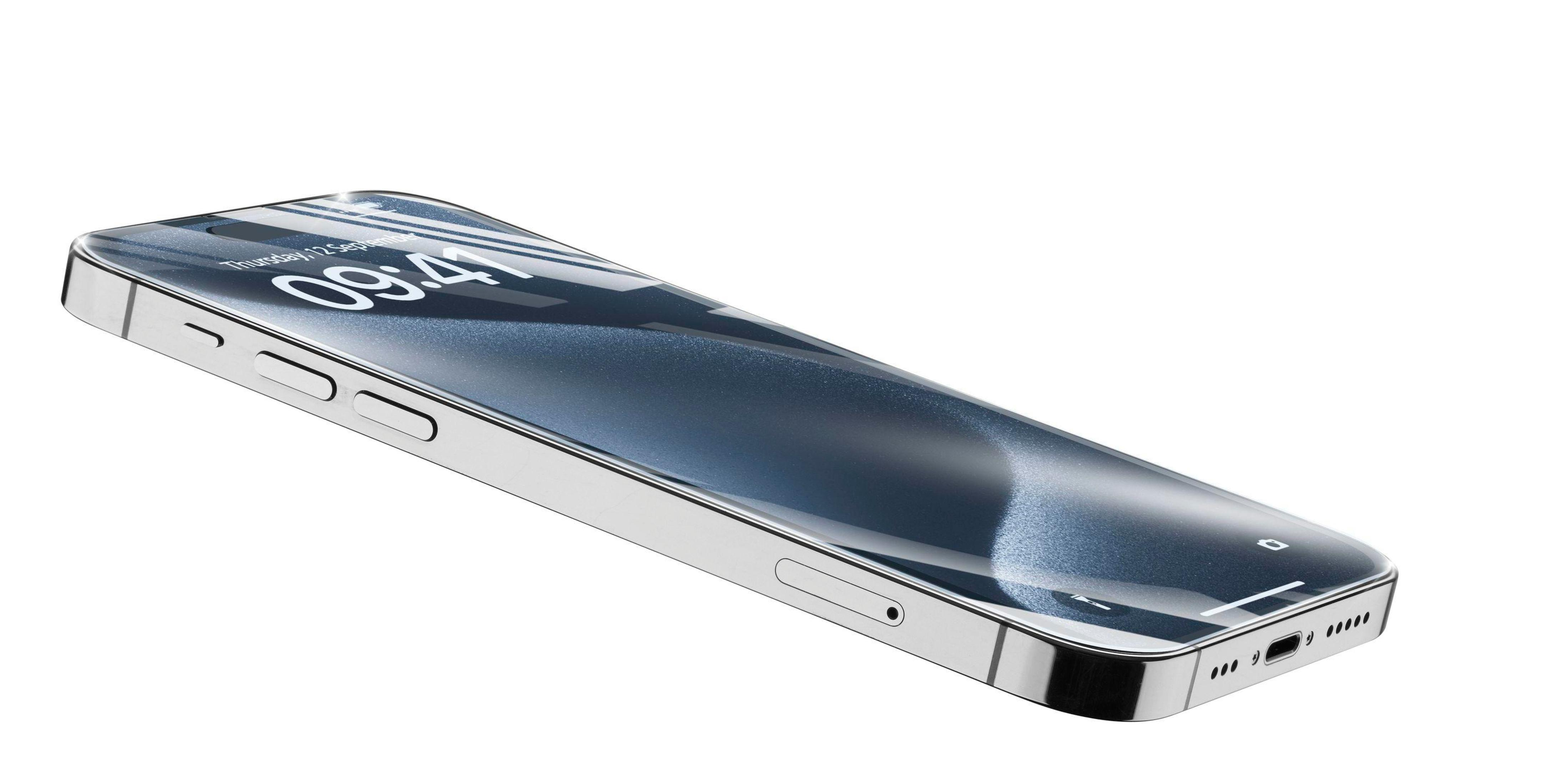 Vista en ángulo de un smartphone plateado con pantalla negra. Diseño moderno y elegante.