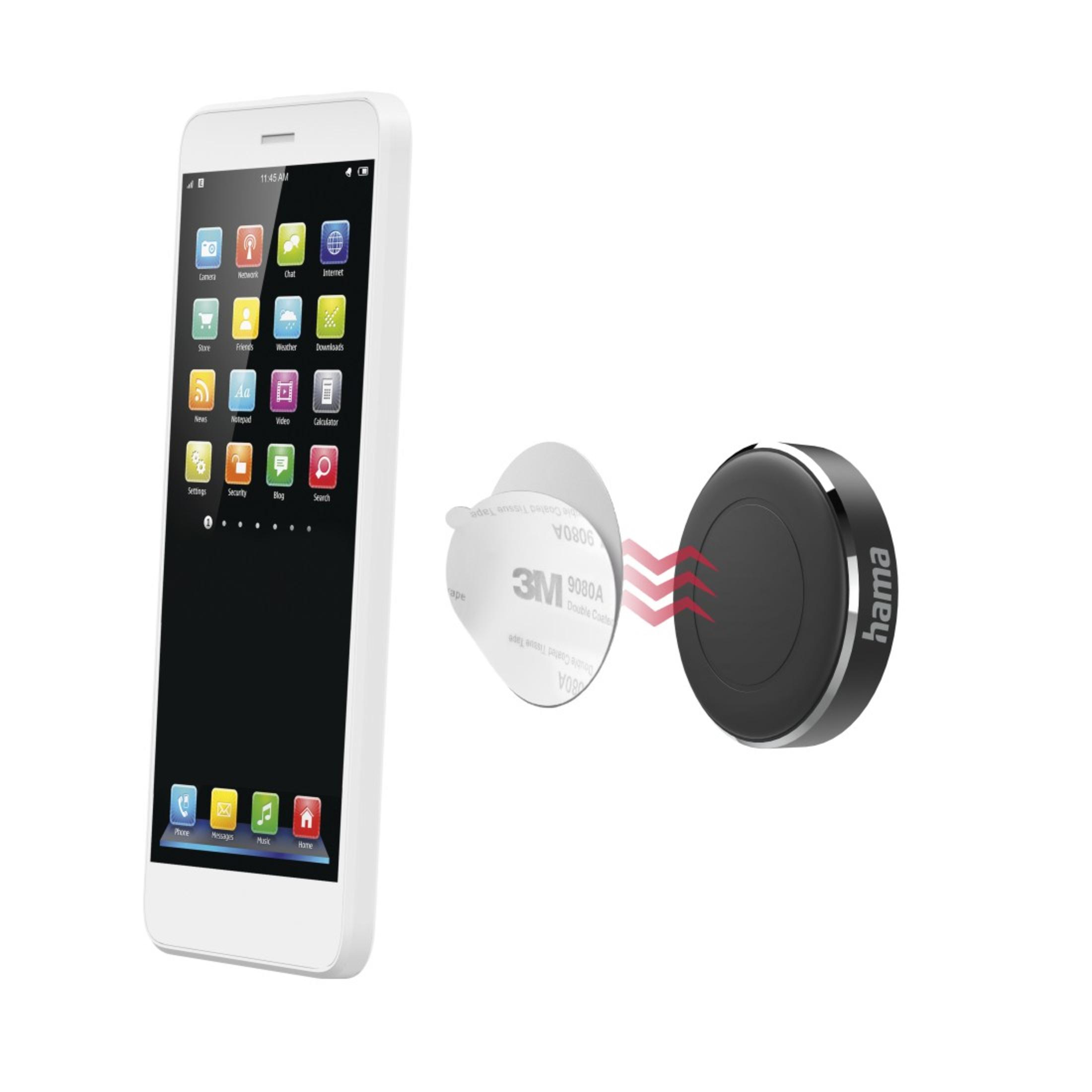 Smartphone con app. Un supporto magnetico nero è vicino. Sfondo bianco.