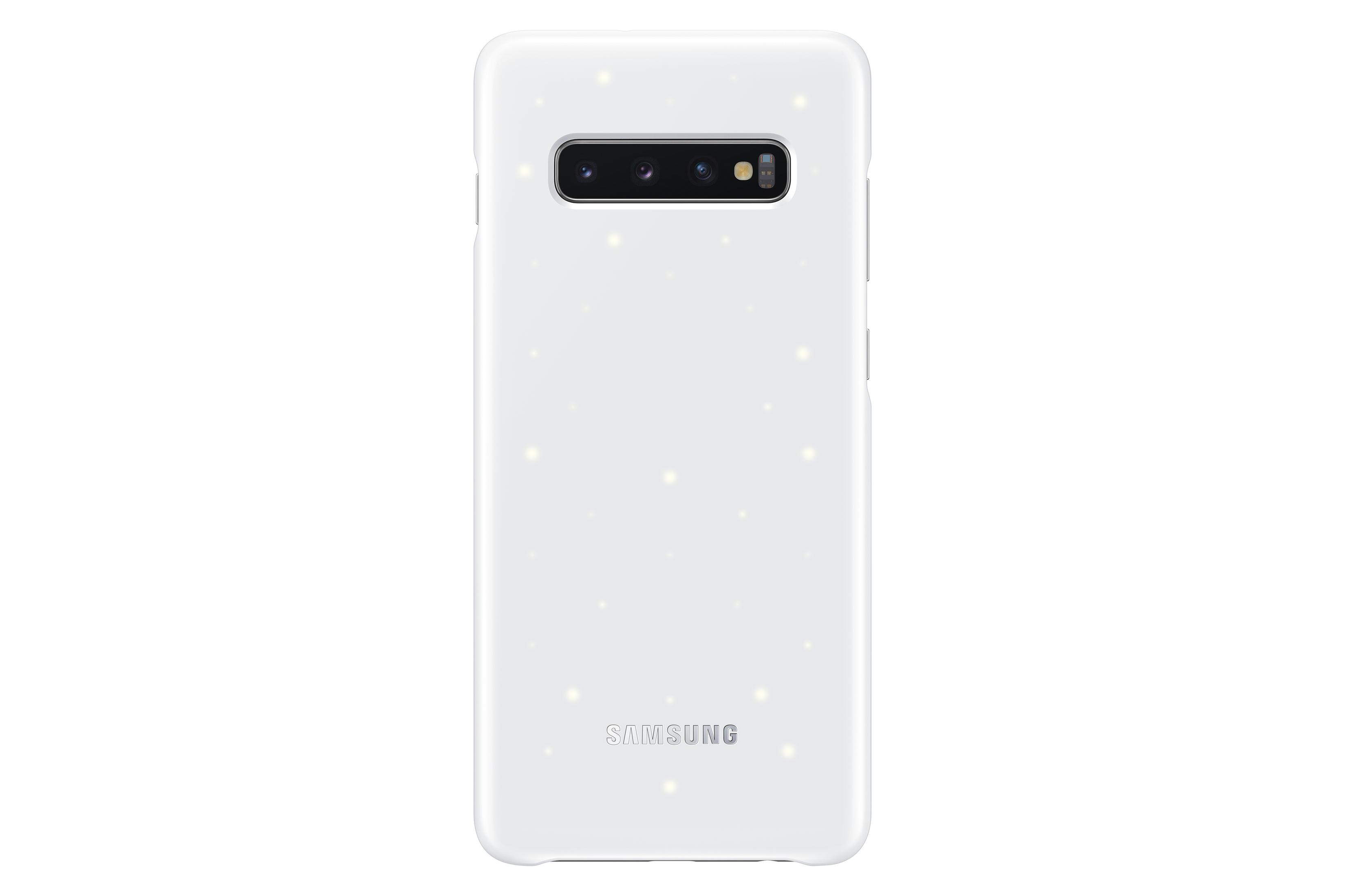 Custodia bianca per telefono Samsung con molte piccole luci luminose. Il logo Samsung è in basso.