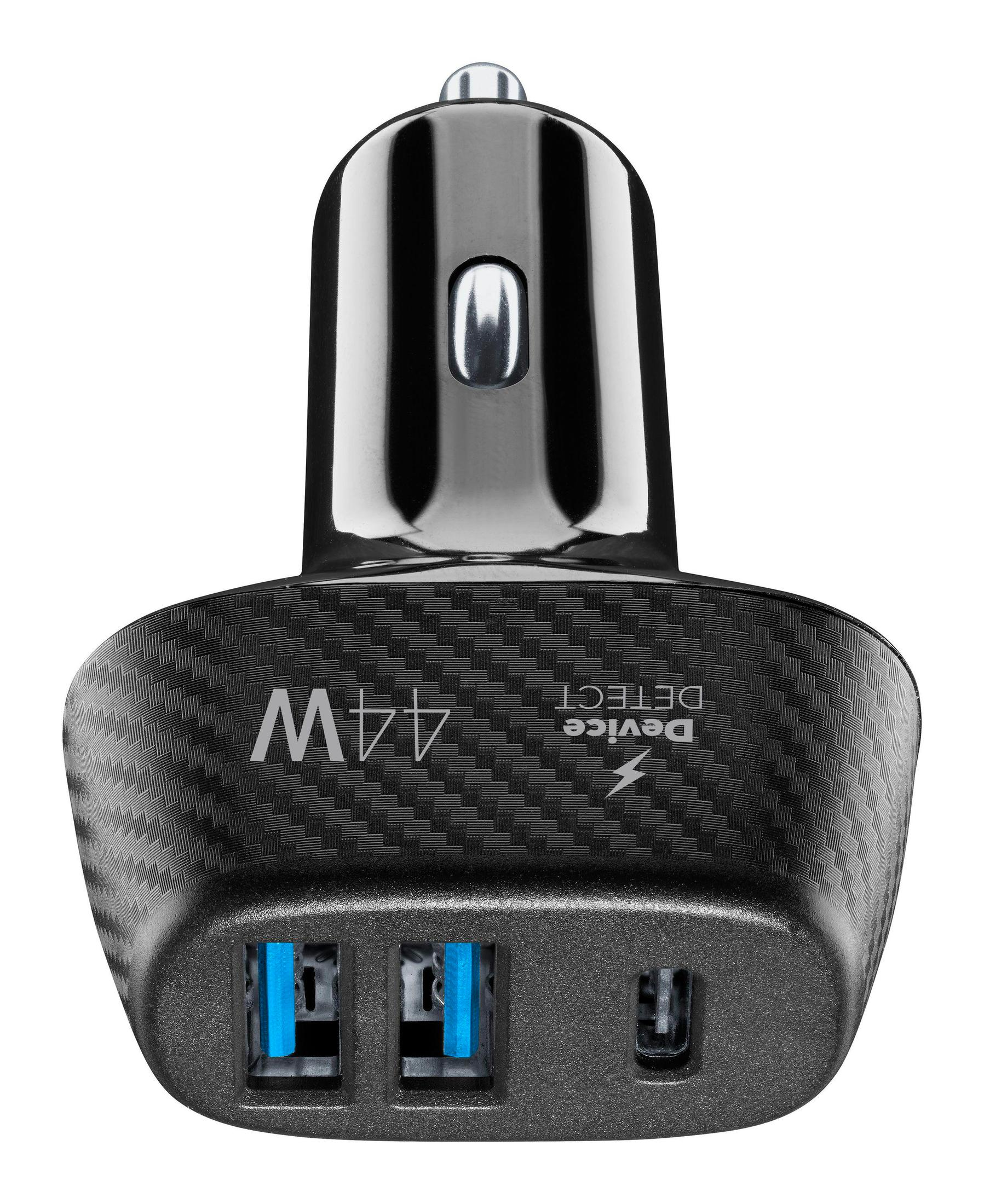 Schwarzes und graues Autoladegerät mit zwei USB-Anschlüssen und USB-C.