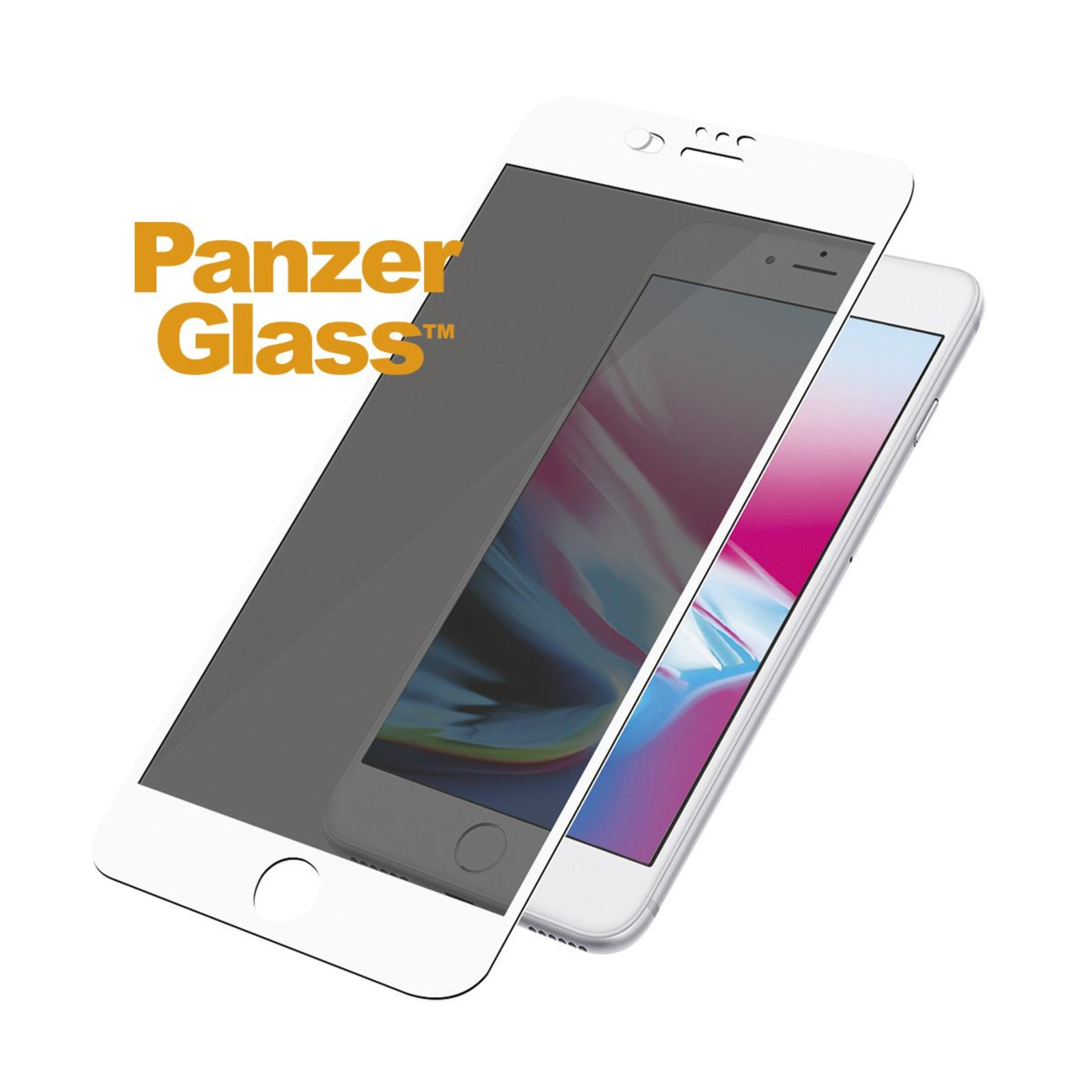 Due smartphone bianchi con protezioni schermo applicate, uno inclinato, con logo Panzer Glass.