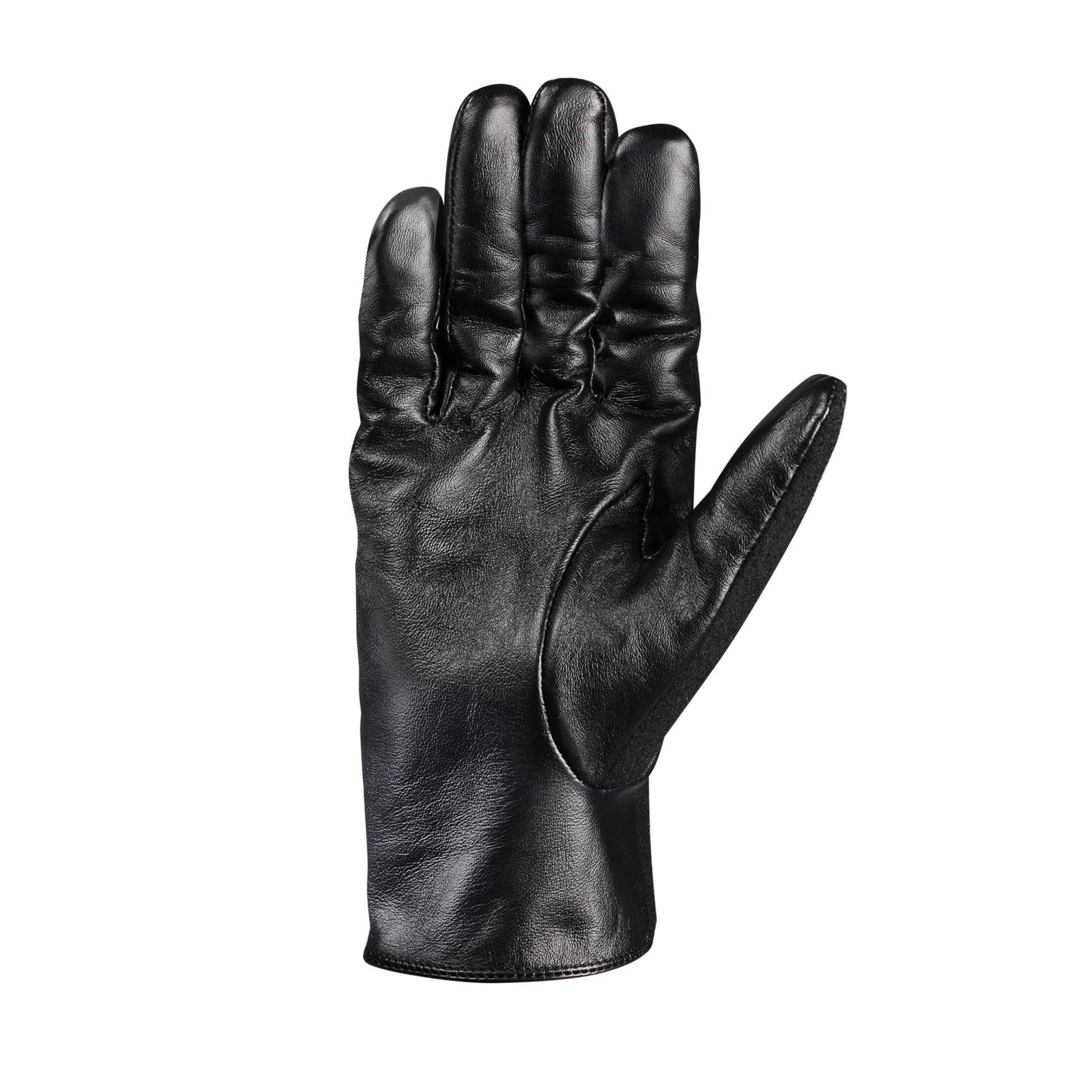 Schwarzer Lederhandschuh. Die Finger sind deutlich, die Handfläche sichtbar.