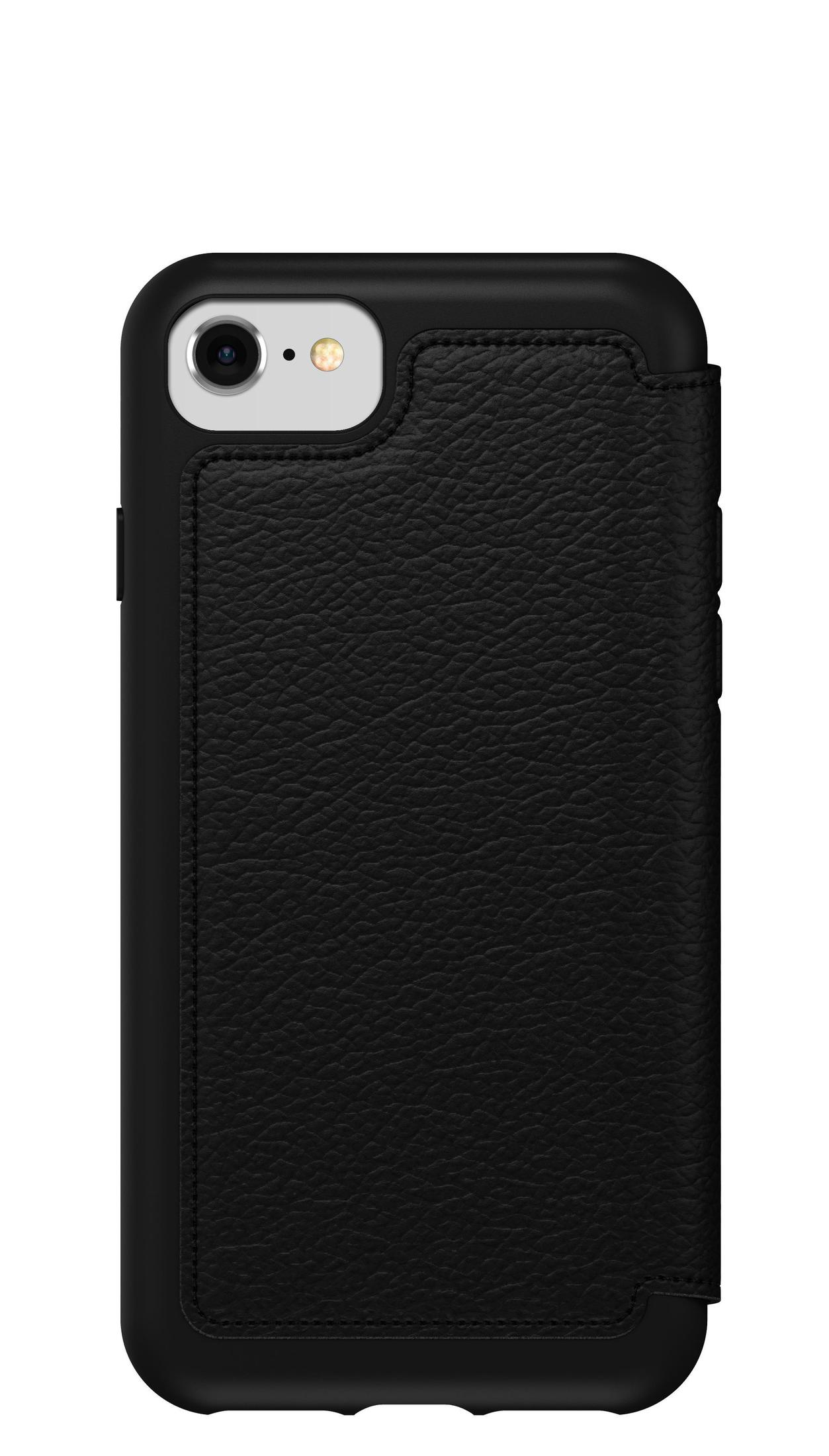 Zwarte telefoonhoes met leertextuur en een gleuf voor kaarten.