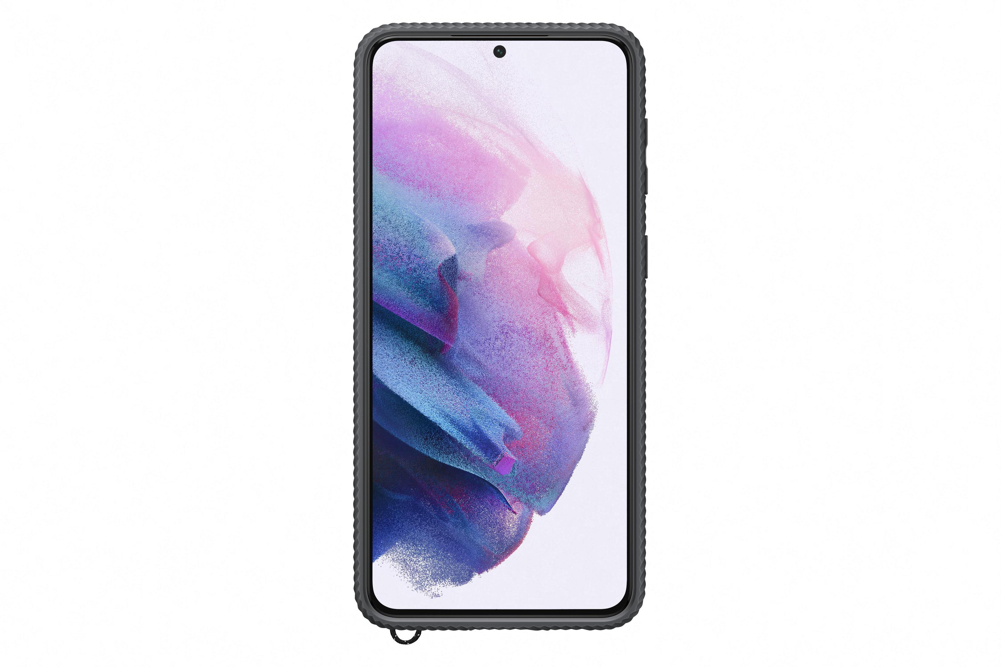 Schwarzes Smartphone in einer Hülle mit buntem Bildschirm.