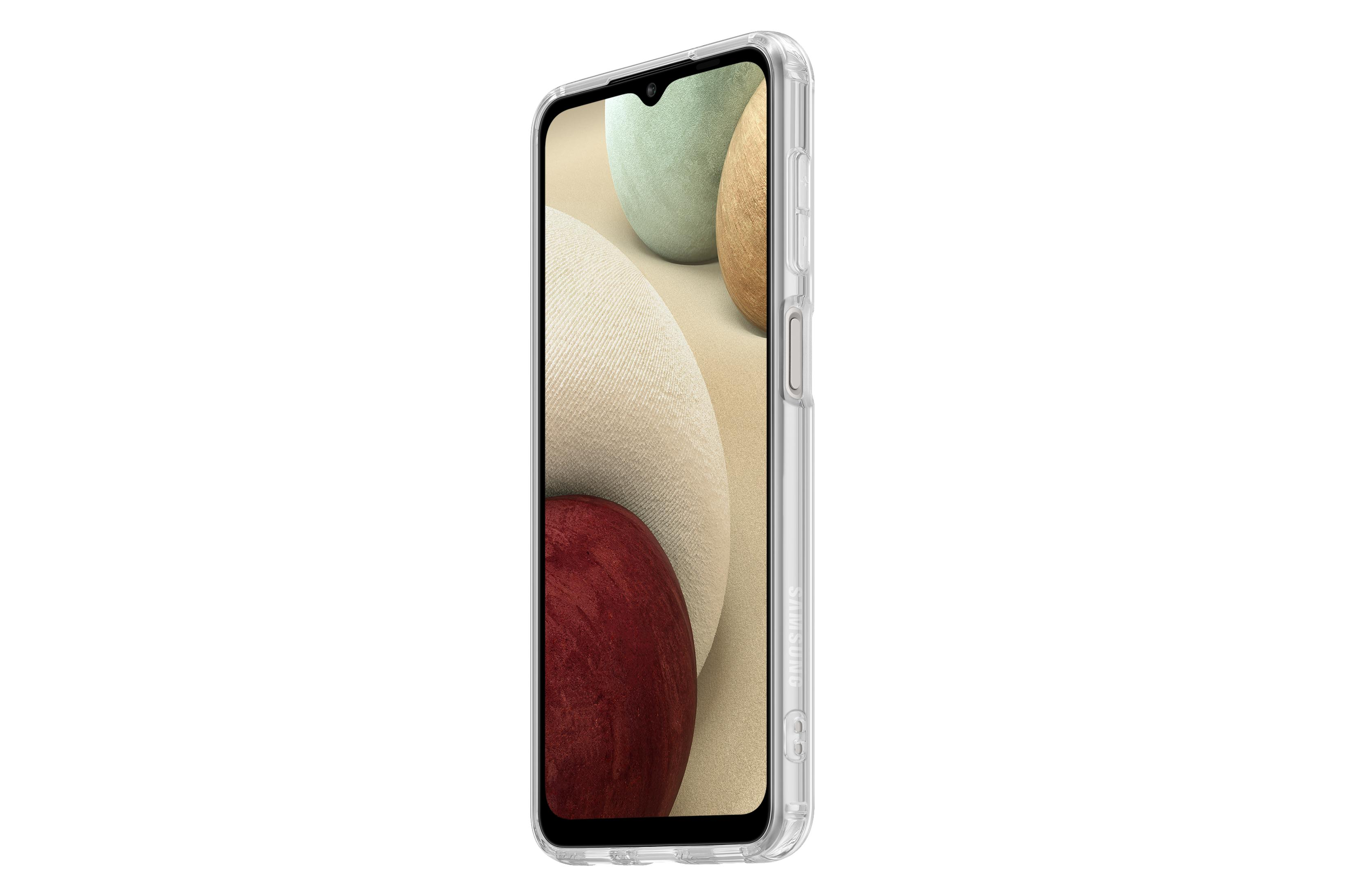 Une coque de téléphone transparente sur fond blanc, montrant un téléphone et des formes pastel.