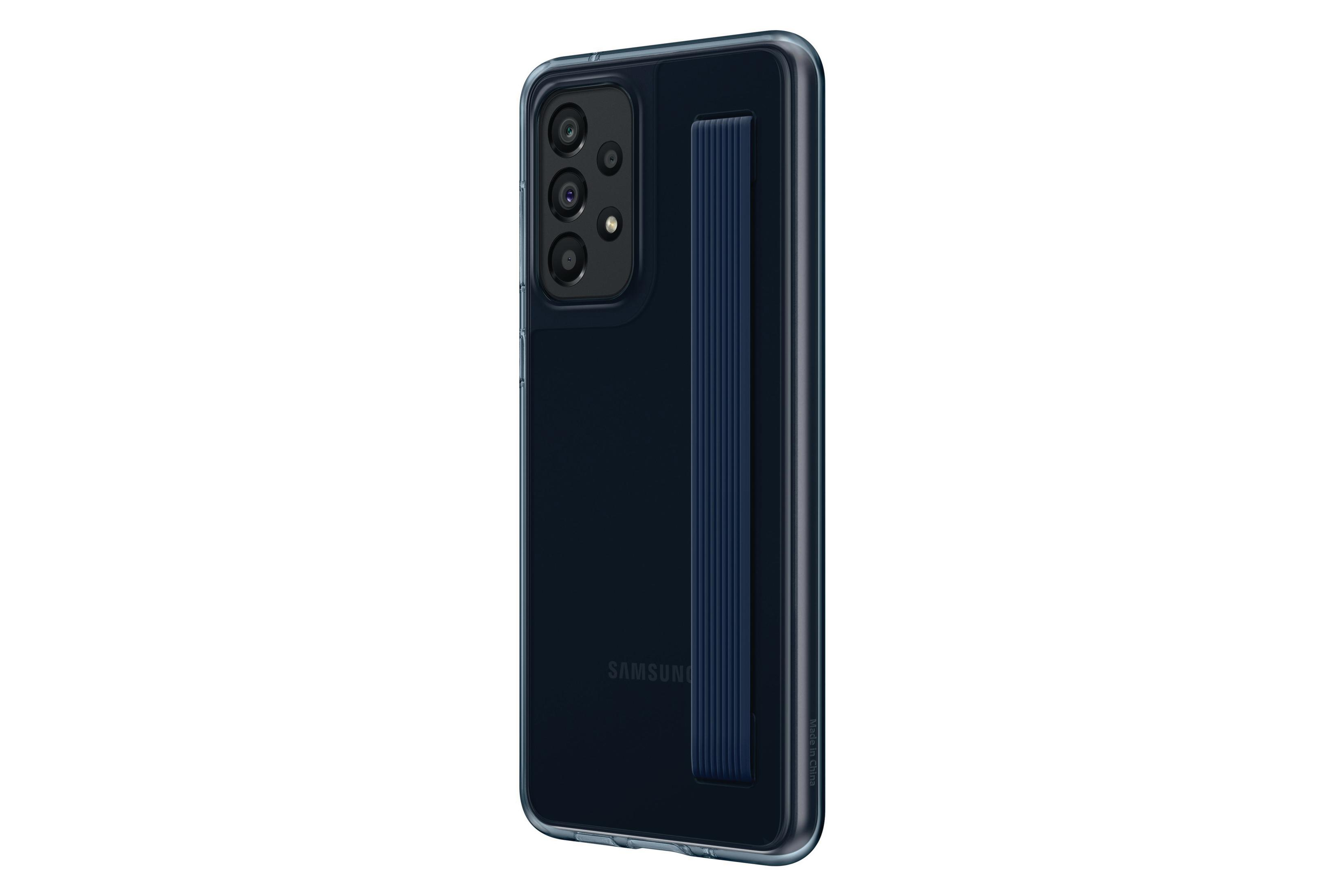 Schwarze Handyhülle mit blauem Riemen. Das Samsung-Logo ist sichtbar. Das Telefon ist schwarz.