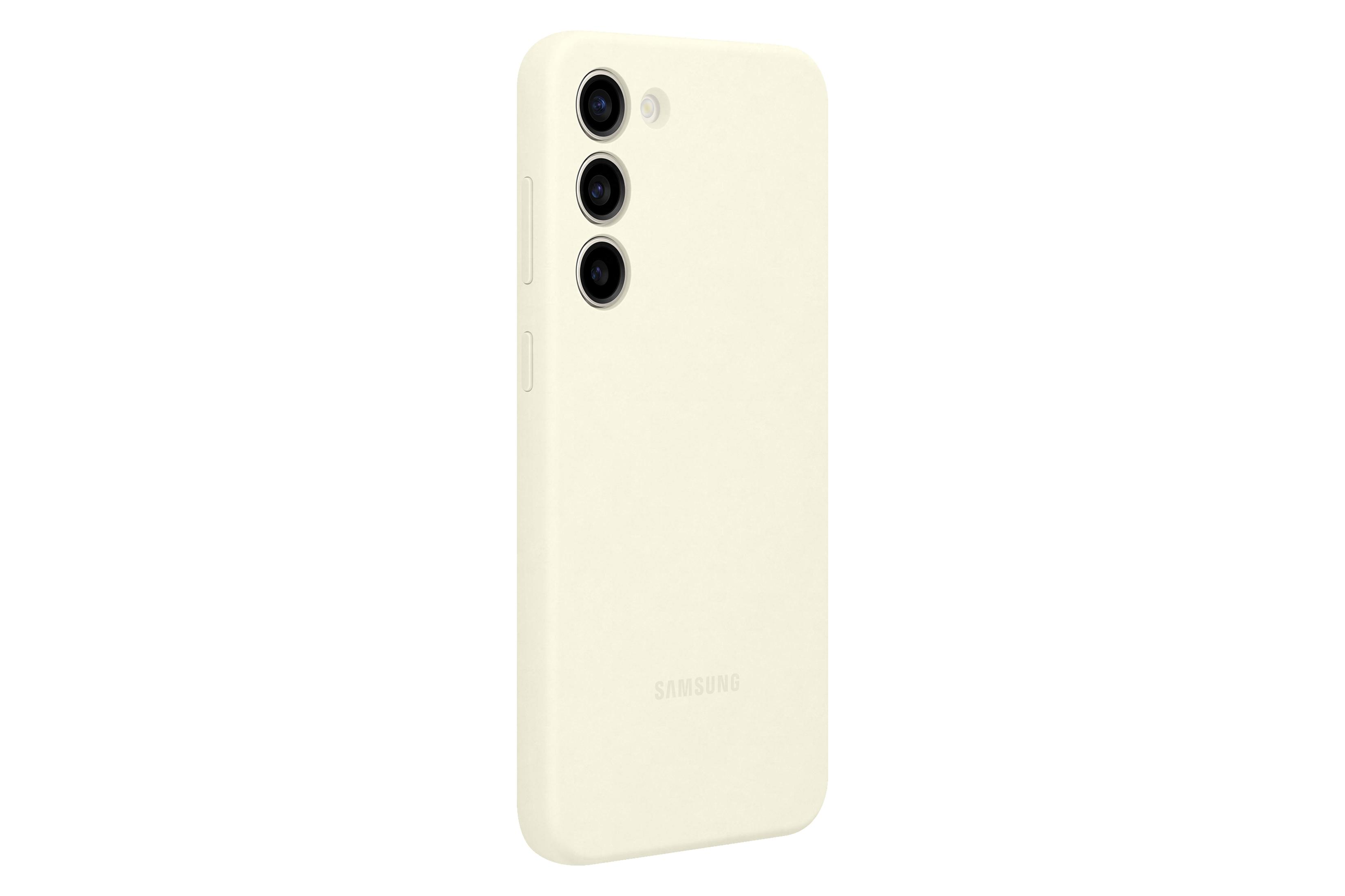 Funda de teléfono Samsung blanquecina con triple cámara y marca.