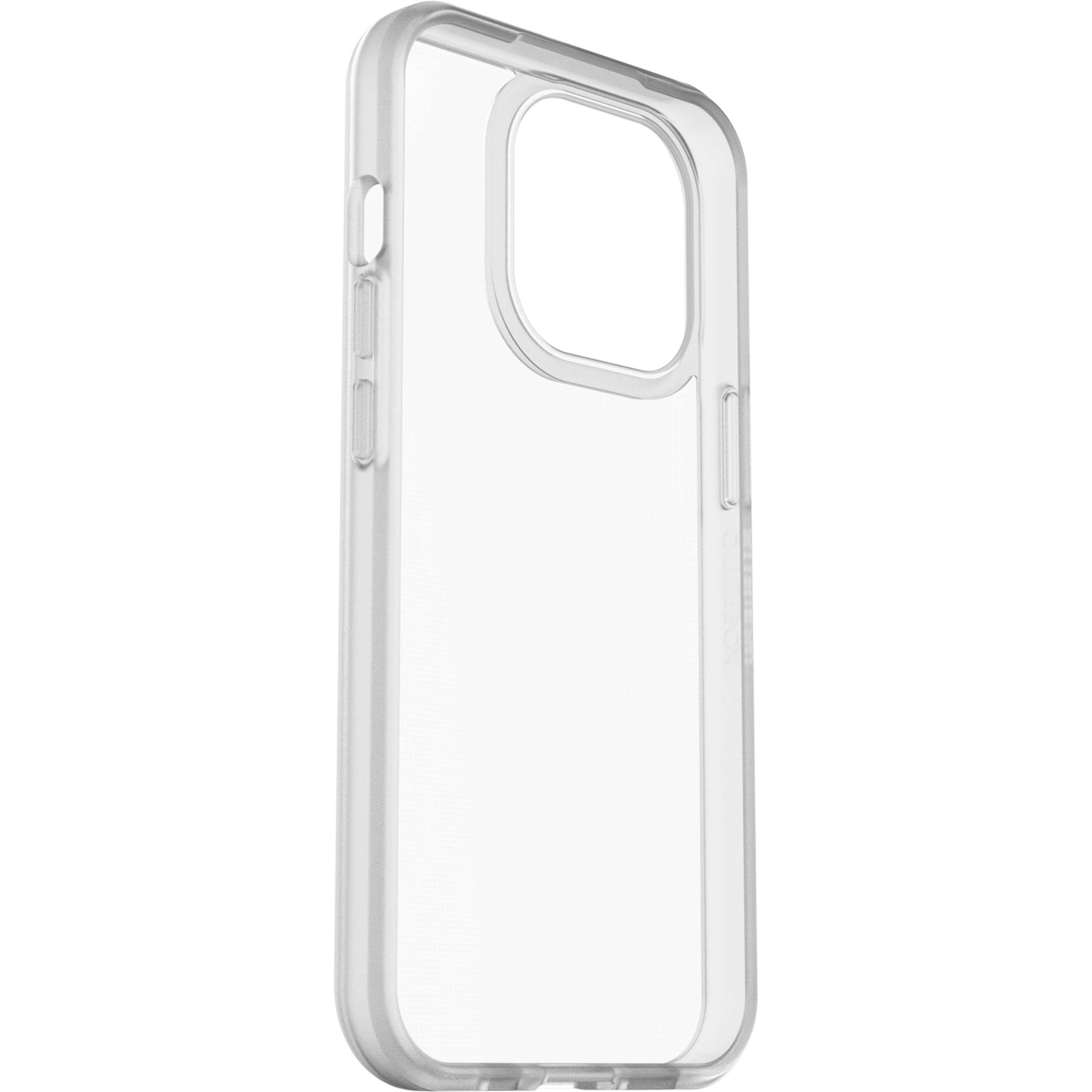 Custodia trasparente per telefono. Cover protettiva trasparente con fori per i tasti. Vista laterale.