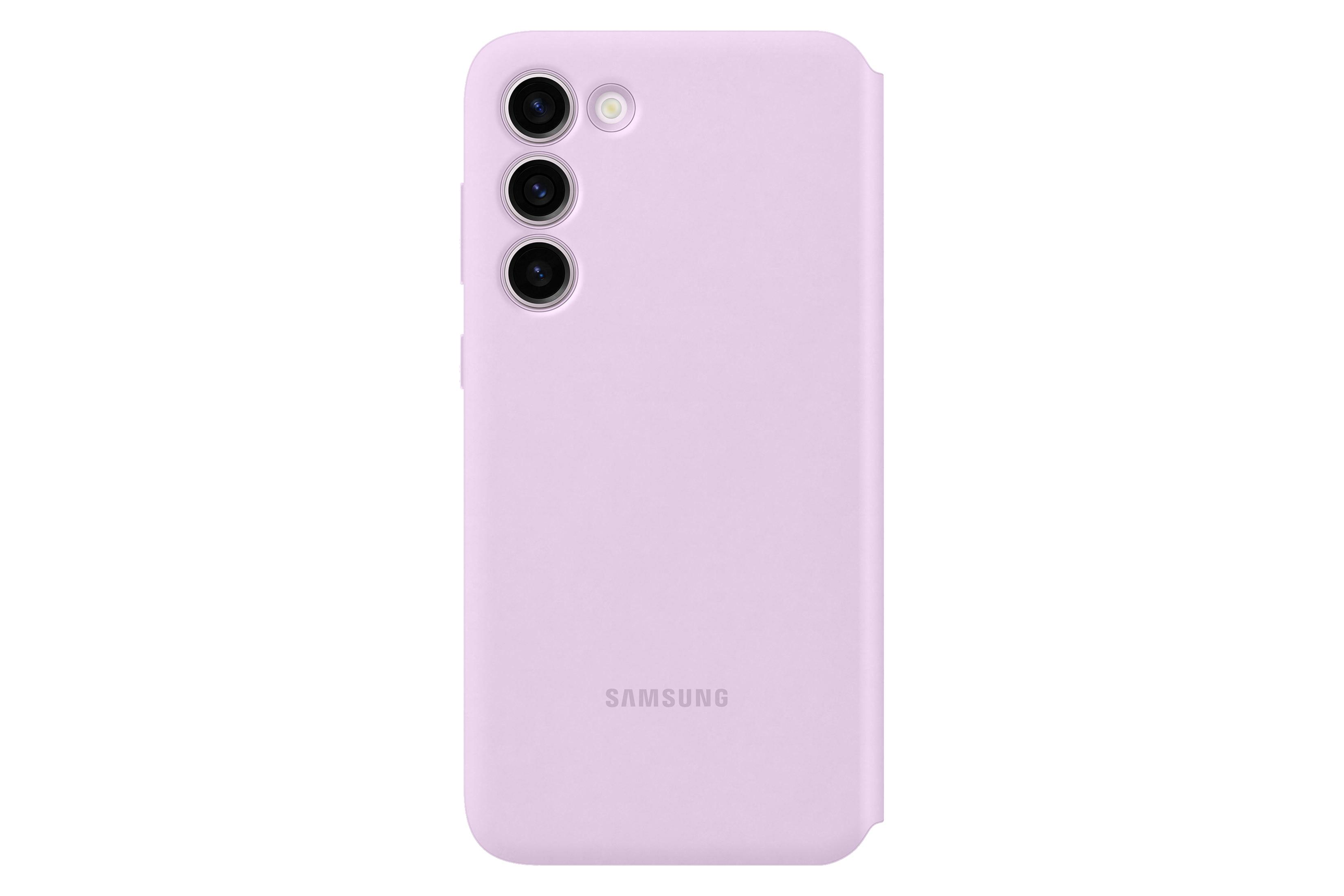 Eine hellviolette Samsung-Handyhülle mit drei Kameralinsen und dem Samsung-Logo.