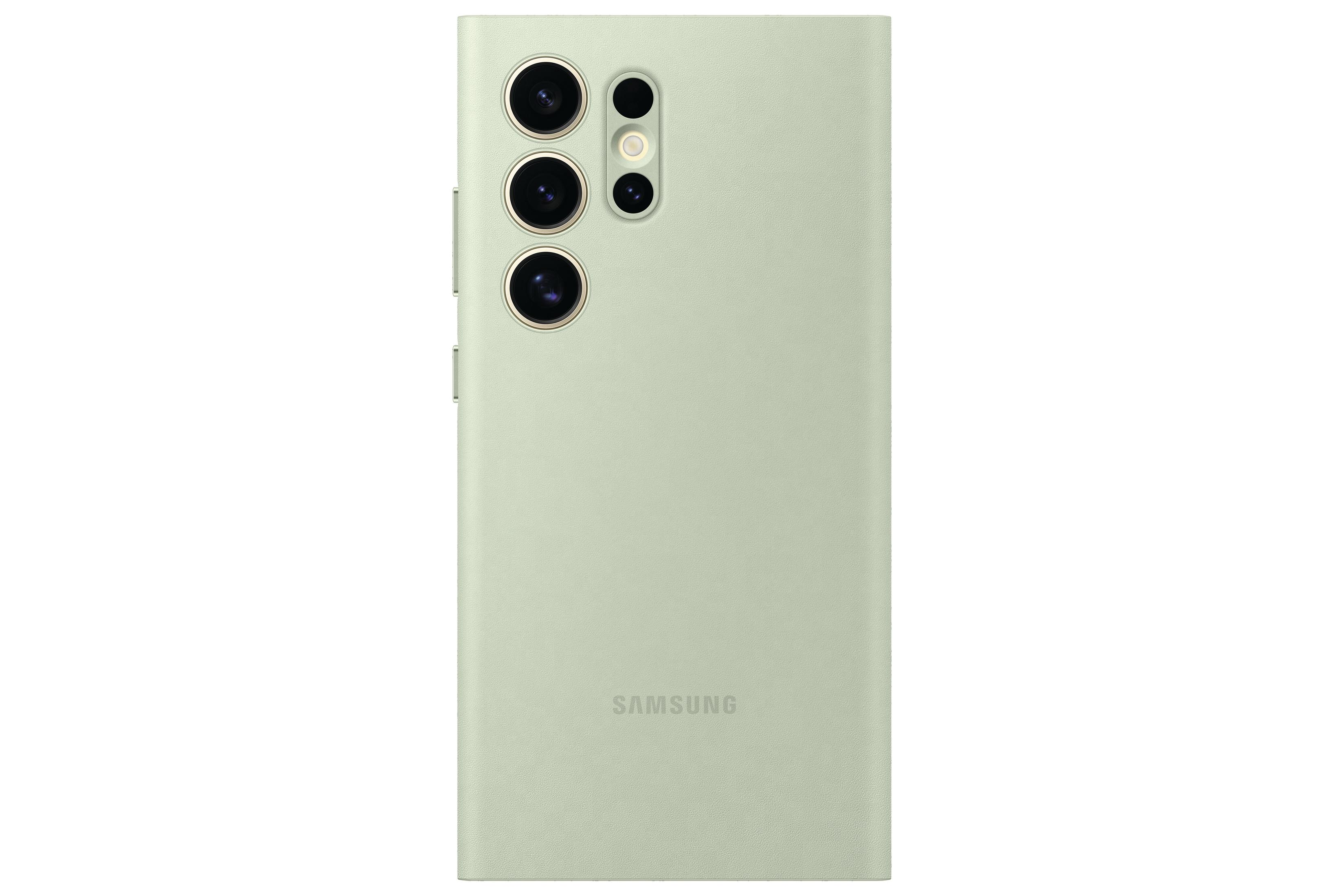 Jasnozielone etui na telefon, z trzema obiektywami aparatu i logo Samsung, białe tło.